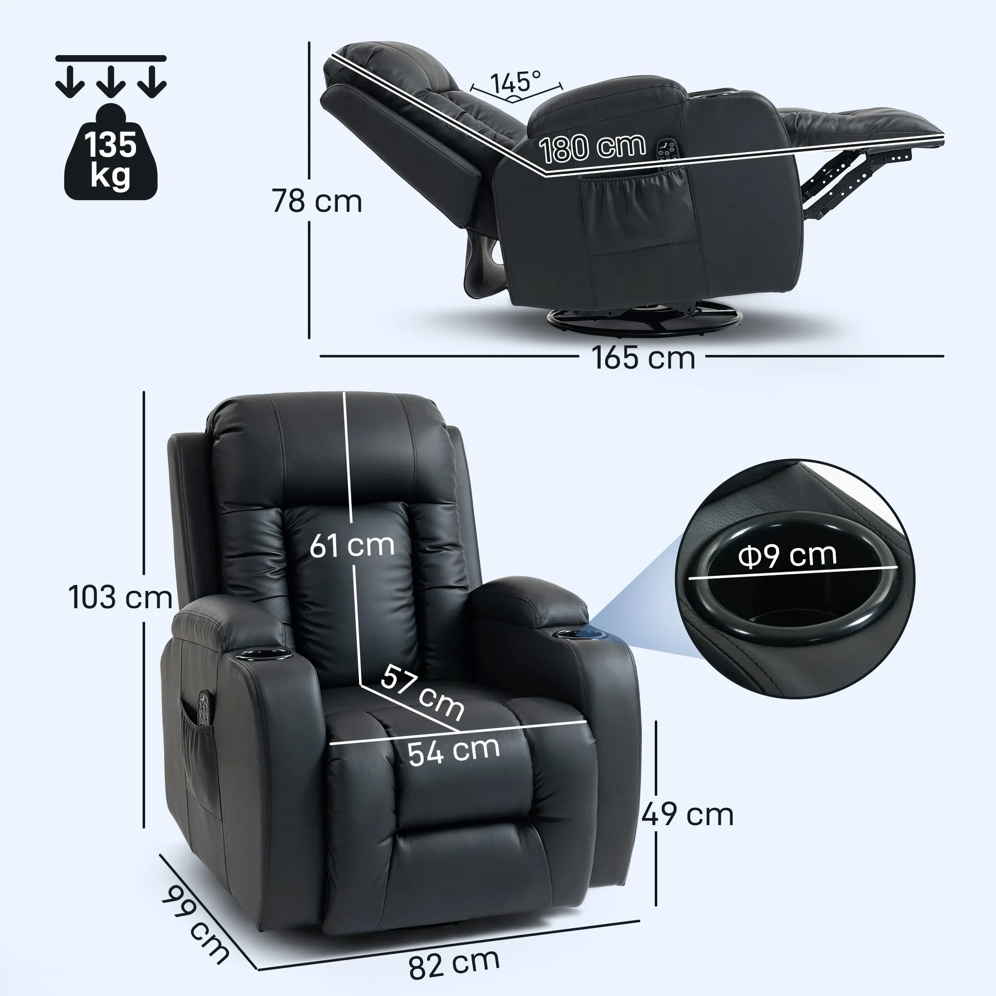 Heated Massage Recliner, 8 Massage Points and 3 Modes with Remote Control, PU Leather, Black - Image 3