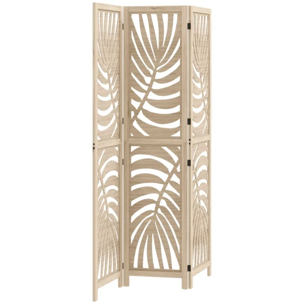 3-Panel Folding and Separable Wooden Room Divider, Leaf Design, 120x170 cm, Wood Color