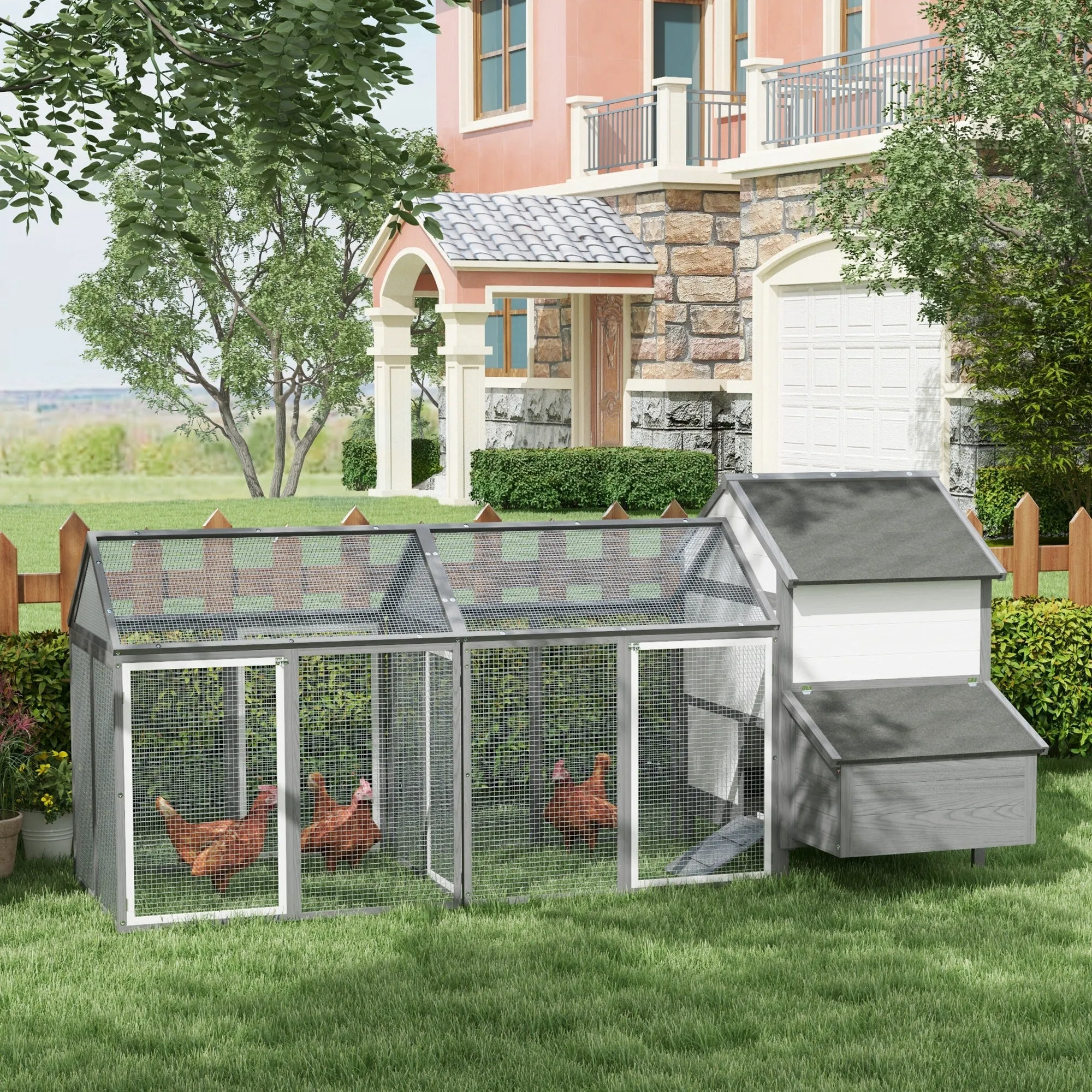 PawHut Outdoor Chicken Coop with Brooding Nest, Waterproof Roof, Removable Tray, Grey - Image 2