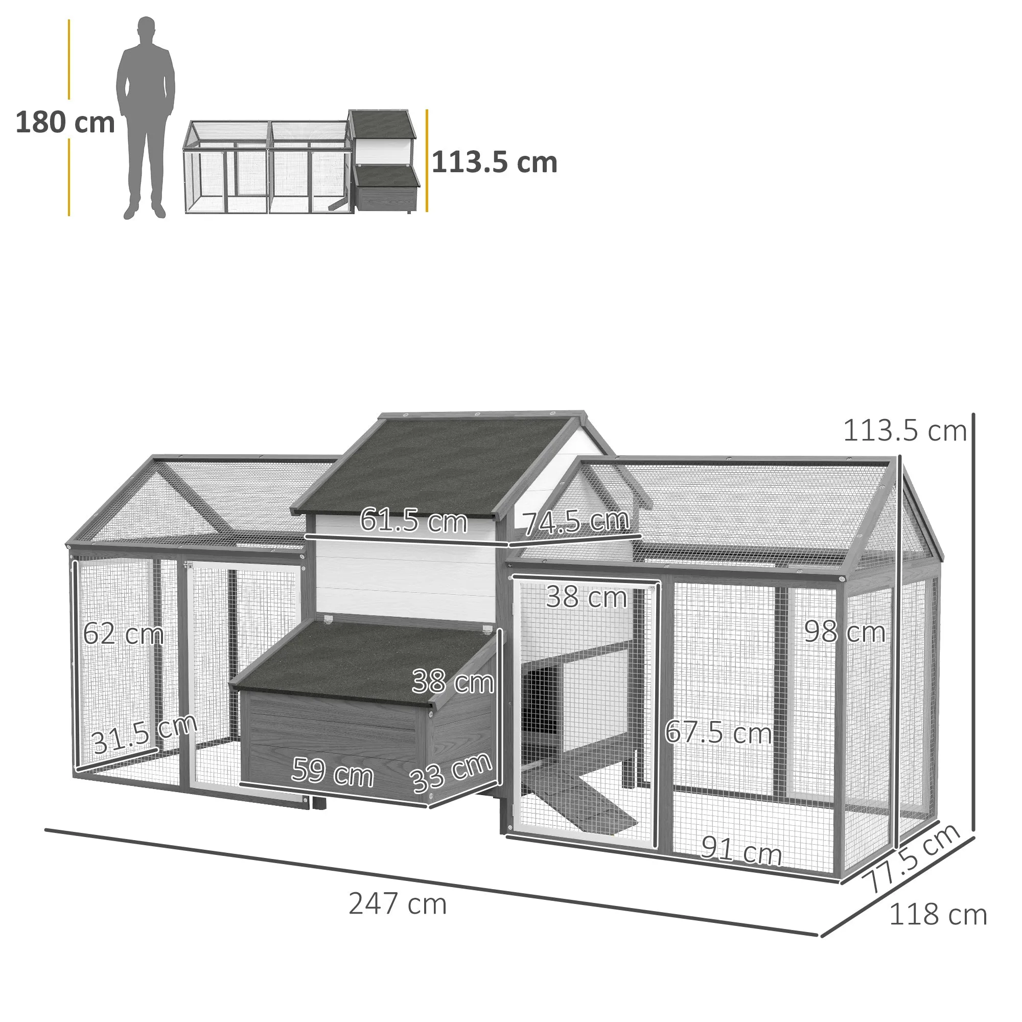 PawHut Outdoor Chicken Coop with Brooding Nest, Waterproof Roof, Removable Tray, Grey - Image 3