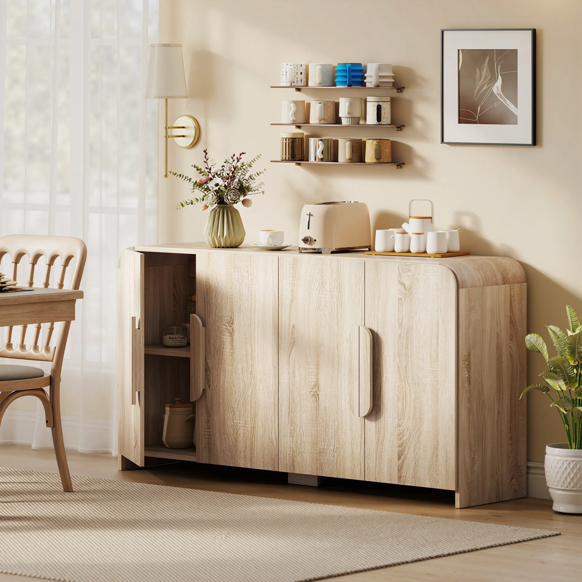 Sideboard with 2 Cabinets, Soft-Close Doors and Adjustable Shelves, 157x39x82 cm, Natural Wood - Image 2