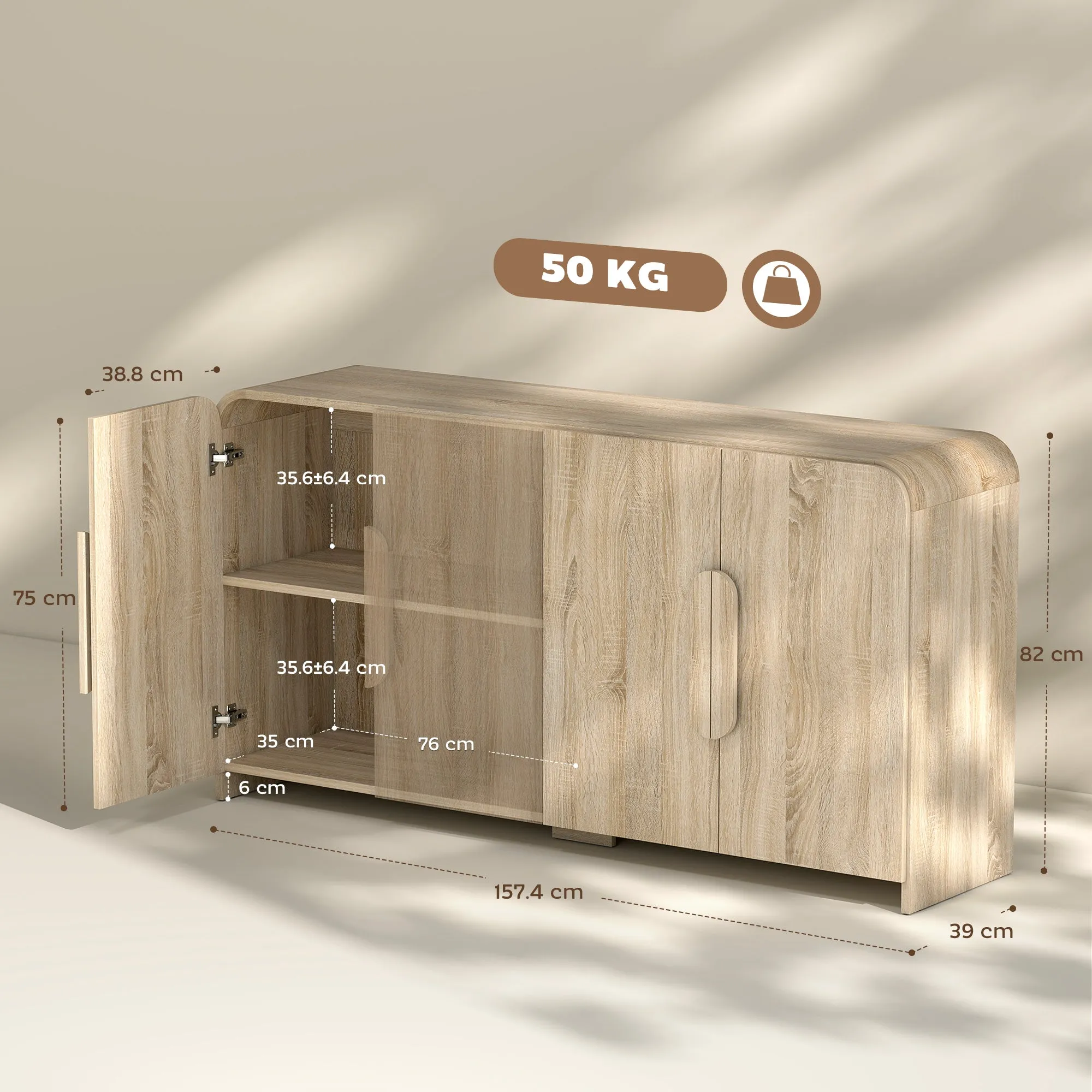 Sideboard with 2 Cabinets, Soft-Close Doors and Adjustable Shelves, 157x39x82 cm, Natural Wood - Image 3