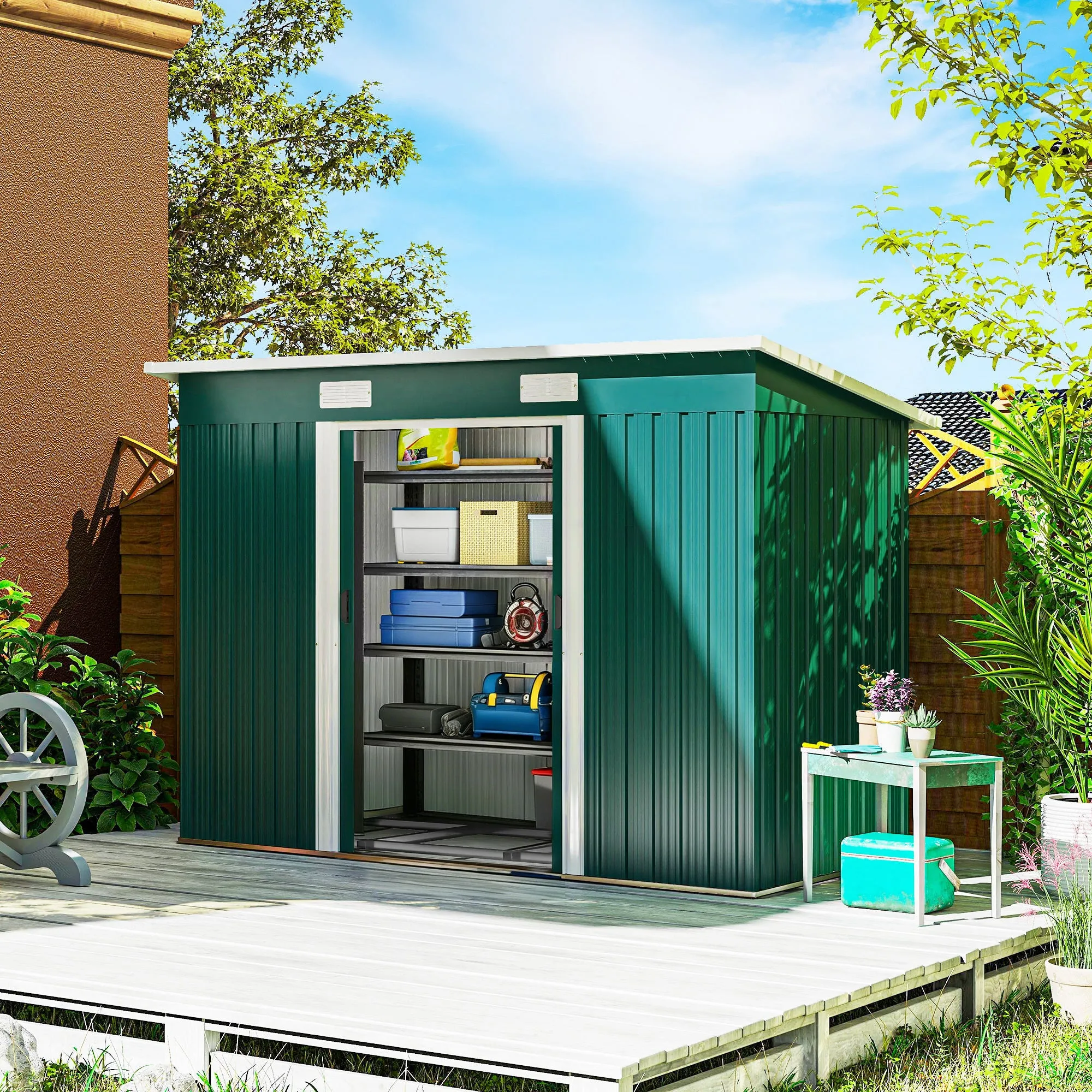 Outsunny Steel Garden Shed 272 x 134 cm with Double Sliding Doors and 2 Vents, Green - Image 2
