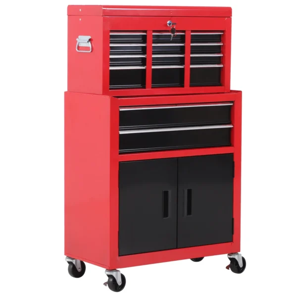2-in-1 Tool Cart with Upper Drawer and Lower Cabinet, Metal, 61.6x33x108 cm, Red