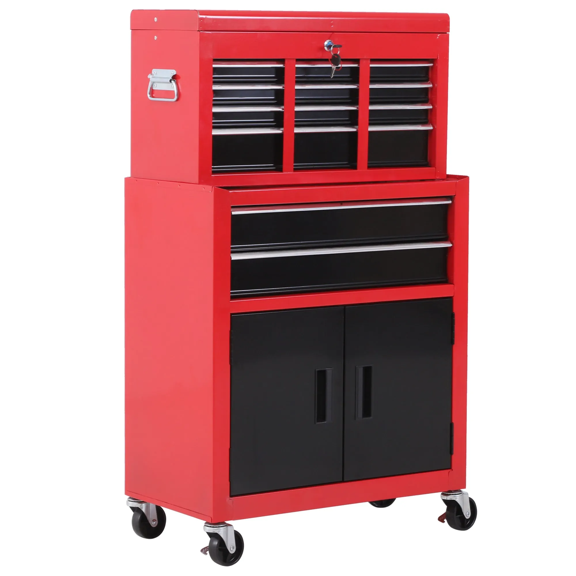 2-in-1 Tool Cart with Upper Drawer and Lower Cabinet, Metal, 61.6x33x108 cm, Red