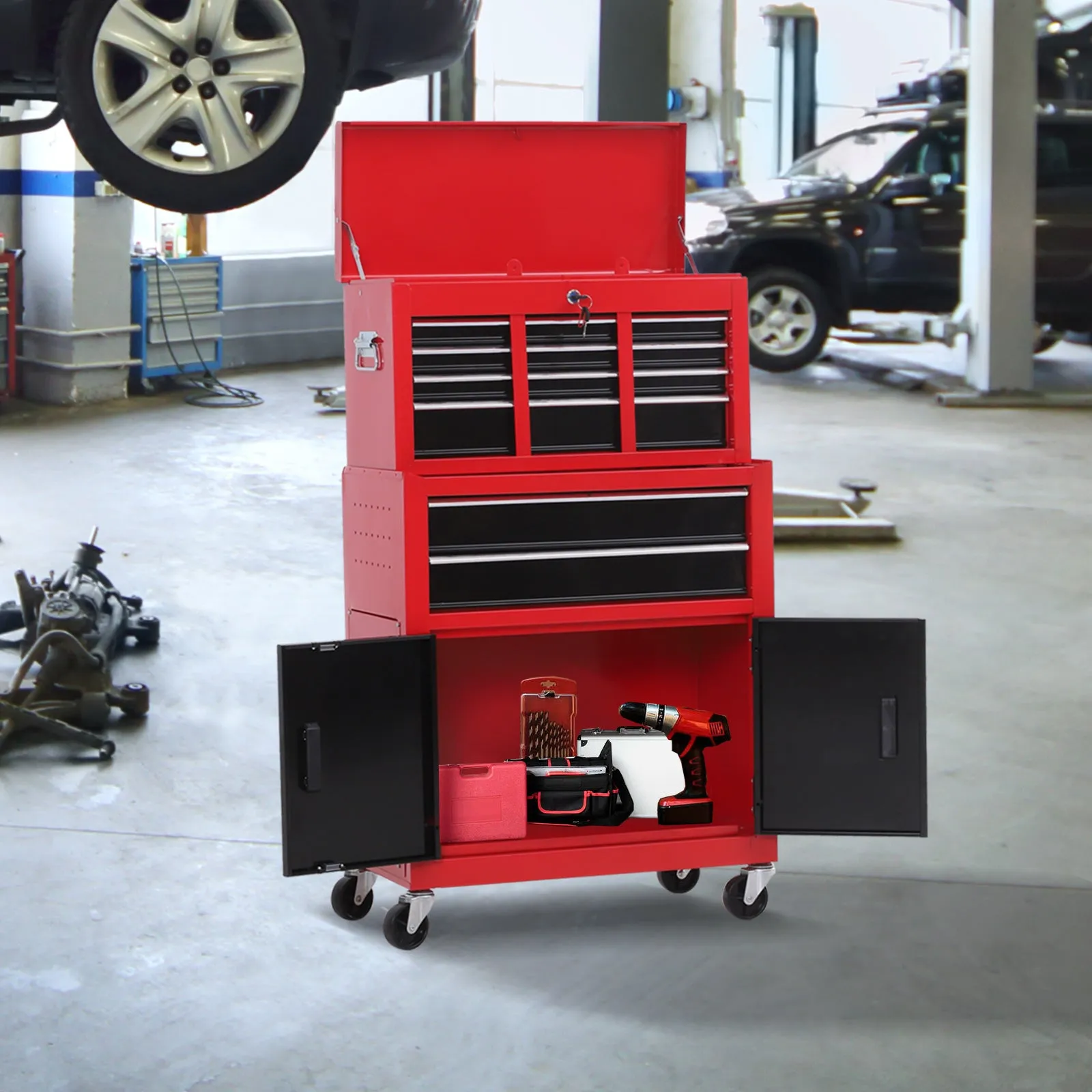 2-in-1 Tool Cart with Upper Drawer and Lower Cabinet, Metal, 61.6x33x108 cm, Red - Image 2