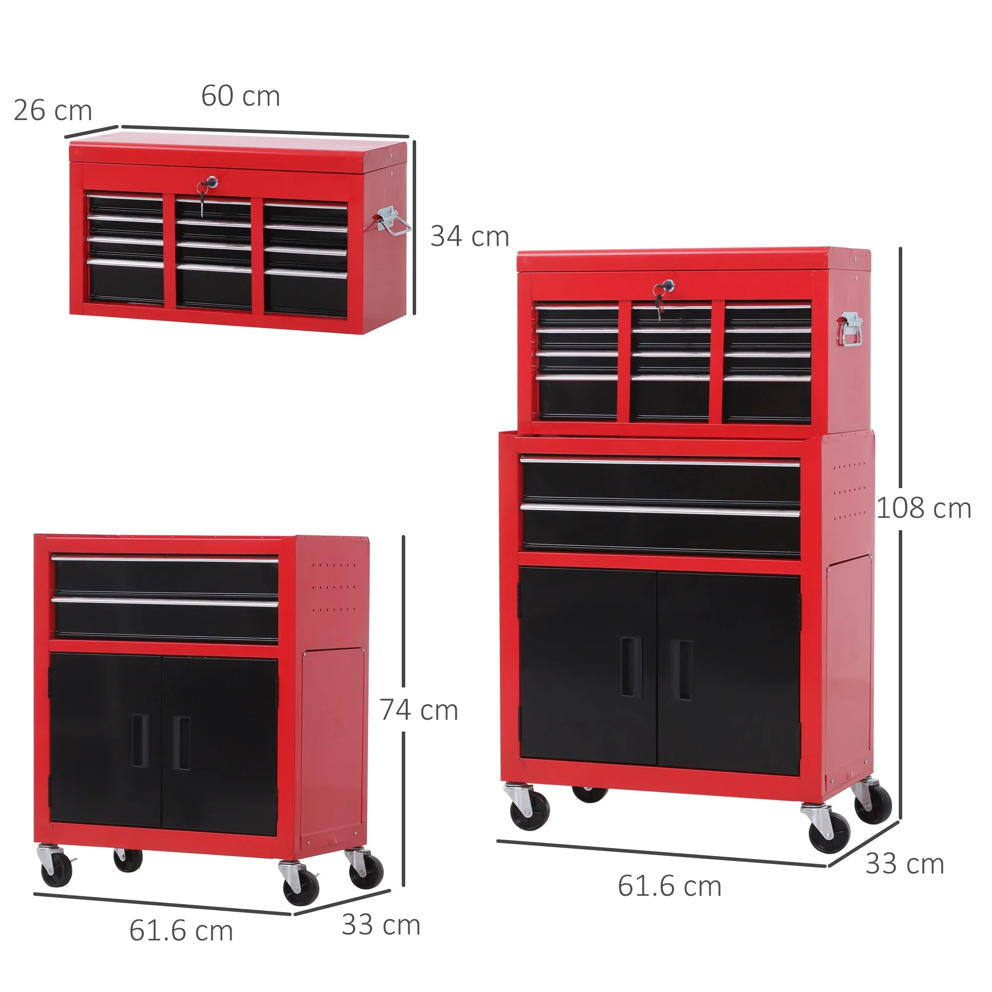 2-in-1 Tool Cart with Upper Drawer and Lower Cabinet, Metal, 61.6x33x108 cm, Red - Image 3