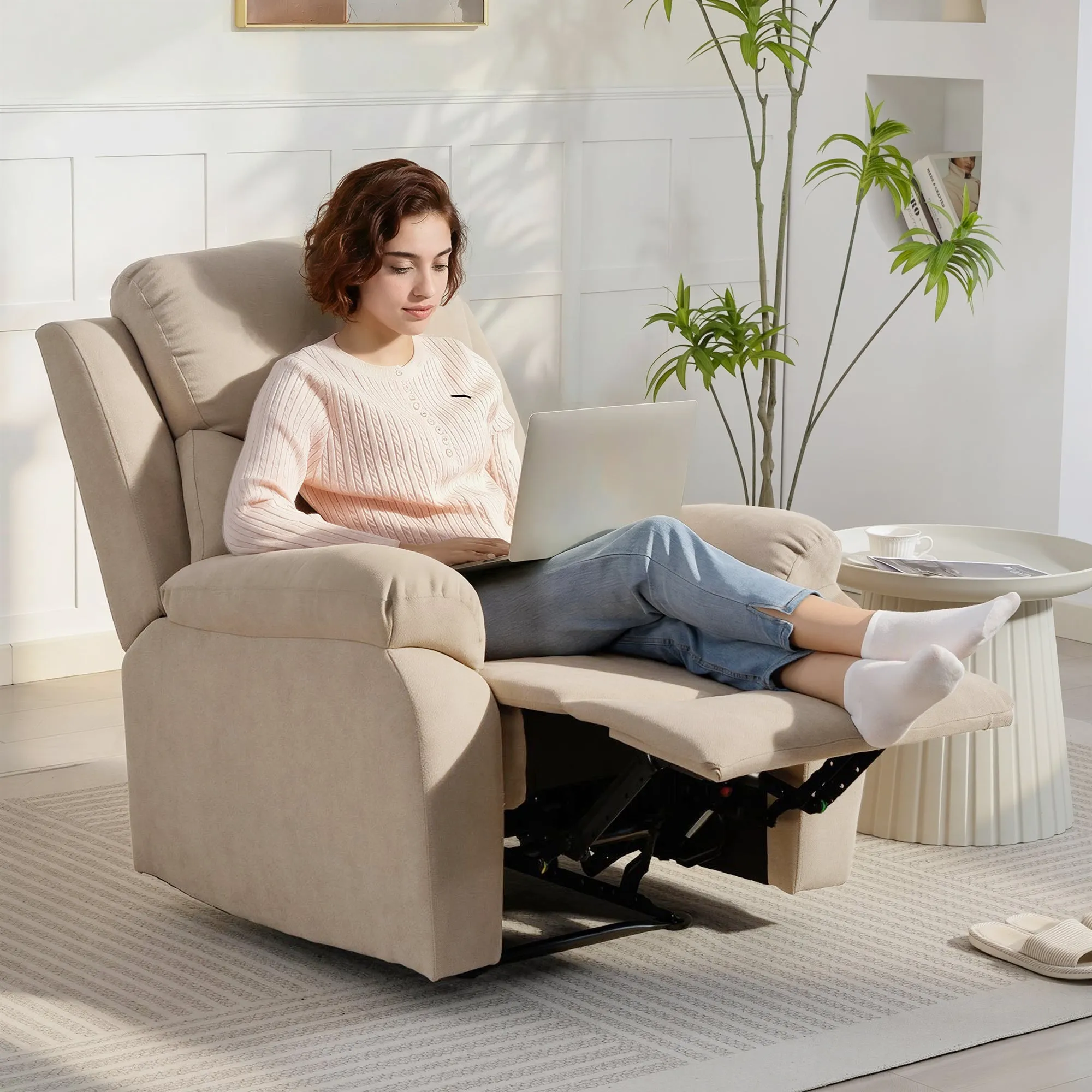 Manual Fabric Recliner Chair with Thick Cushion, Padded Armrests and Footrest, Beige - Image 2