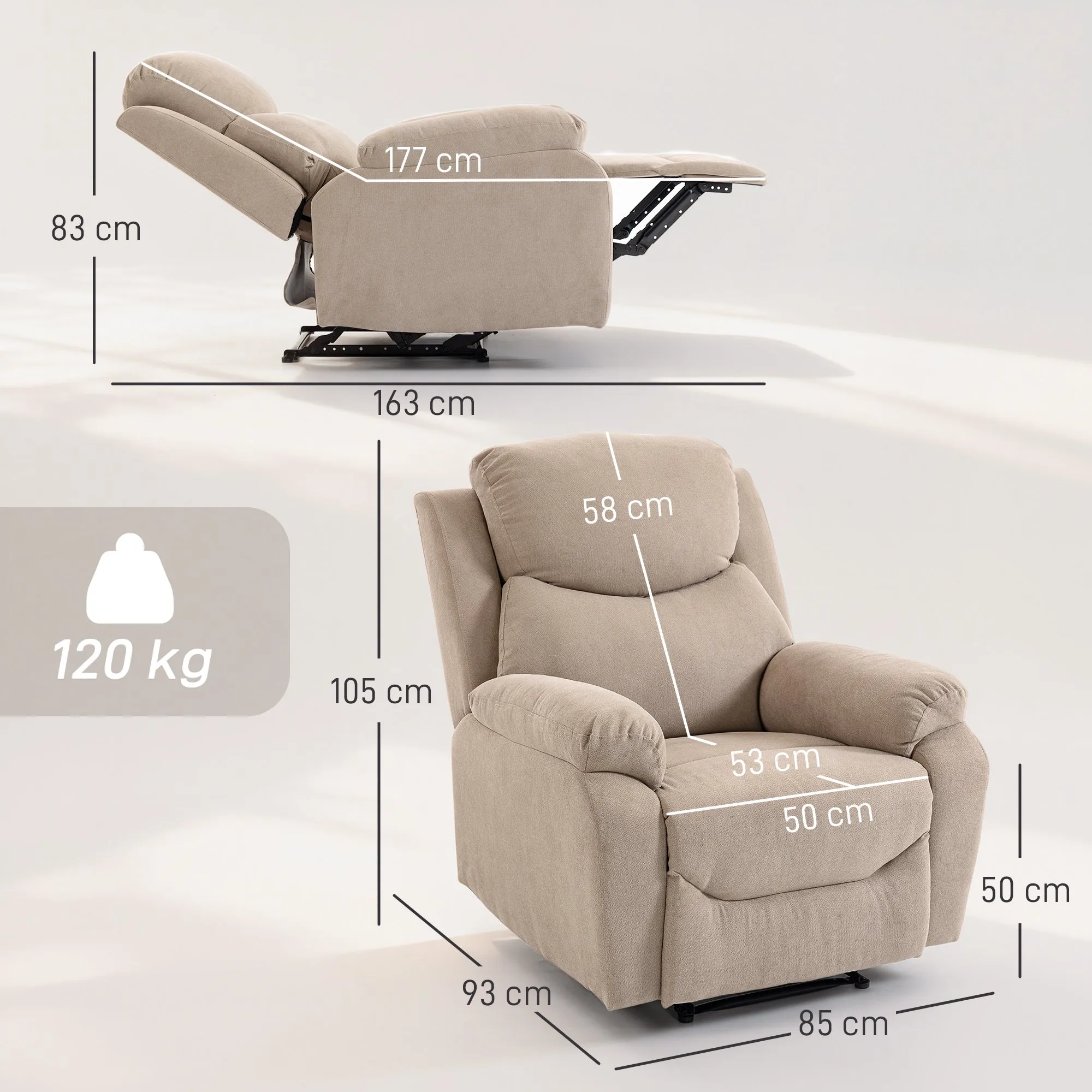 Manual Fabric Recliner Chair with Thick Cushion, Padded Armrests and Footrest, Beige - Image 3