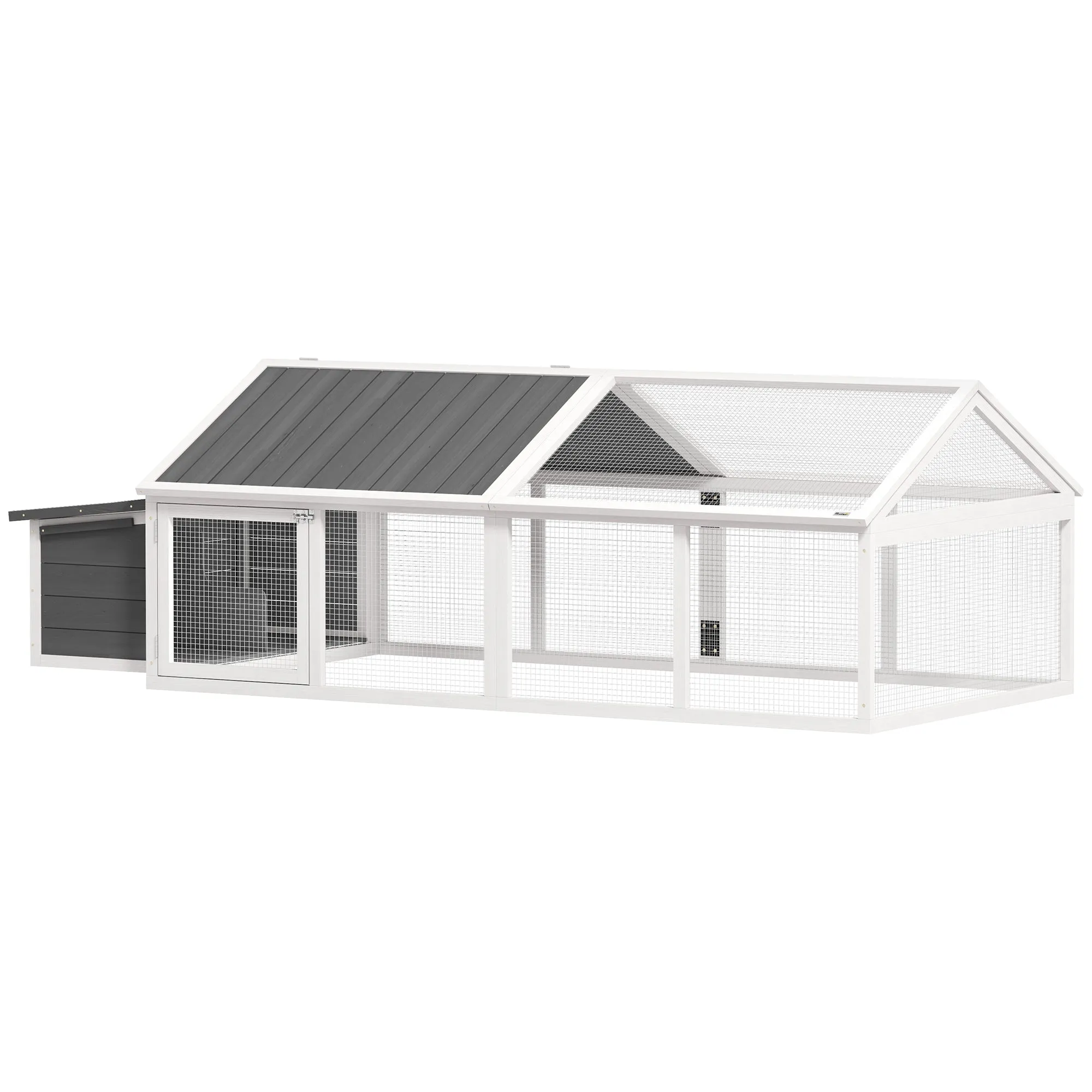 PawHut Wooden Chicken Coop for 4-8 Chickens with Wire Mesh and Opening Roof, 240x112.5x76 cm, White