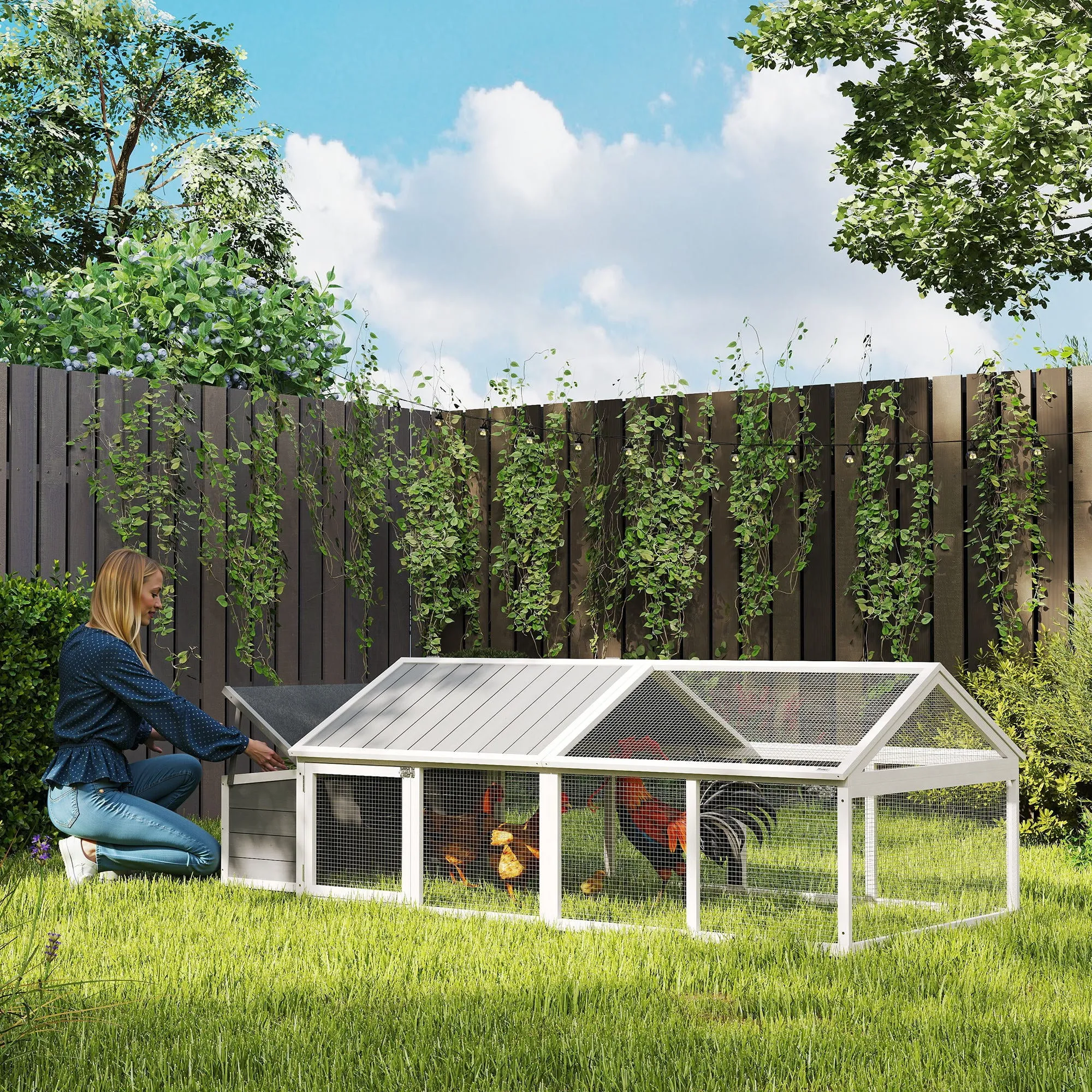 PawHut Wooden Chicken Coop for 4-8 Chickens with Wire Mesh and Opening Roof, 240x112.5x76 cm, White - Image 2