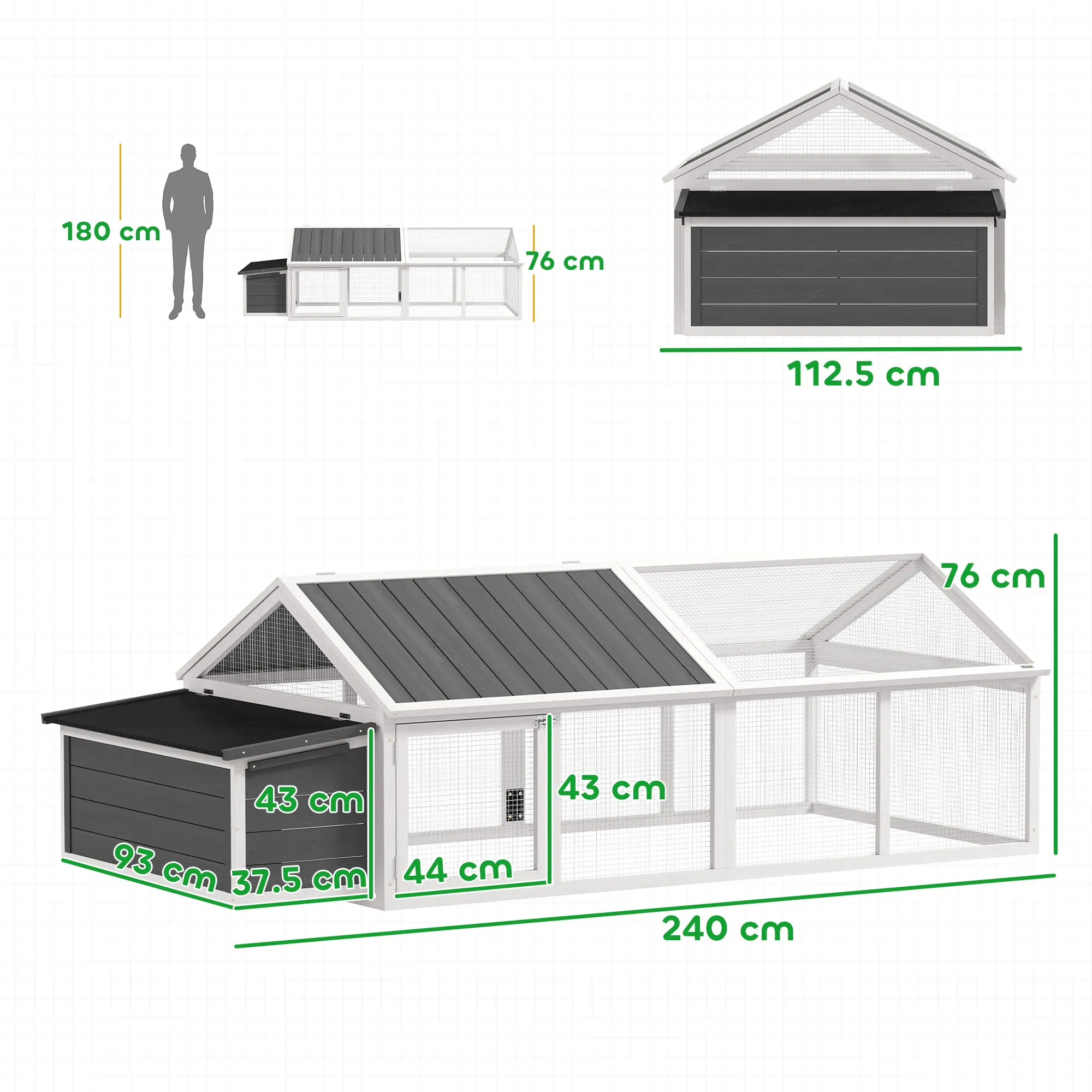 PawHut Wooden Chicken Coop for 4-8 Chickens with Wire Mesh and Opening Roof, 240x112.5x76 cm, White - Image 3