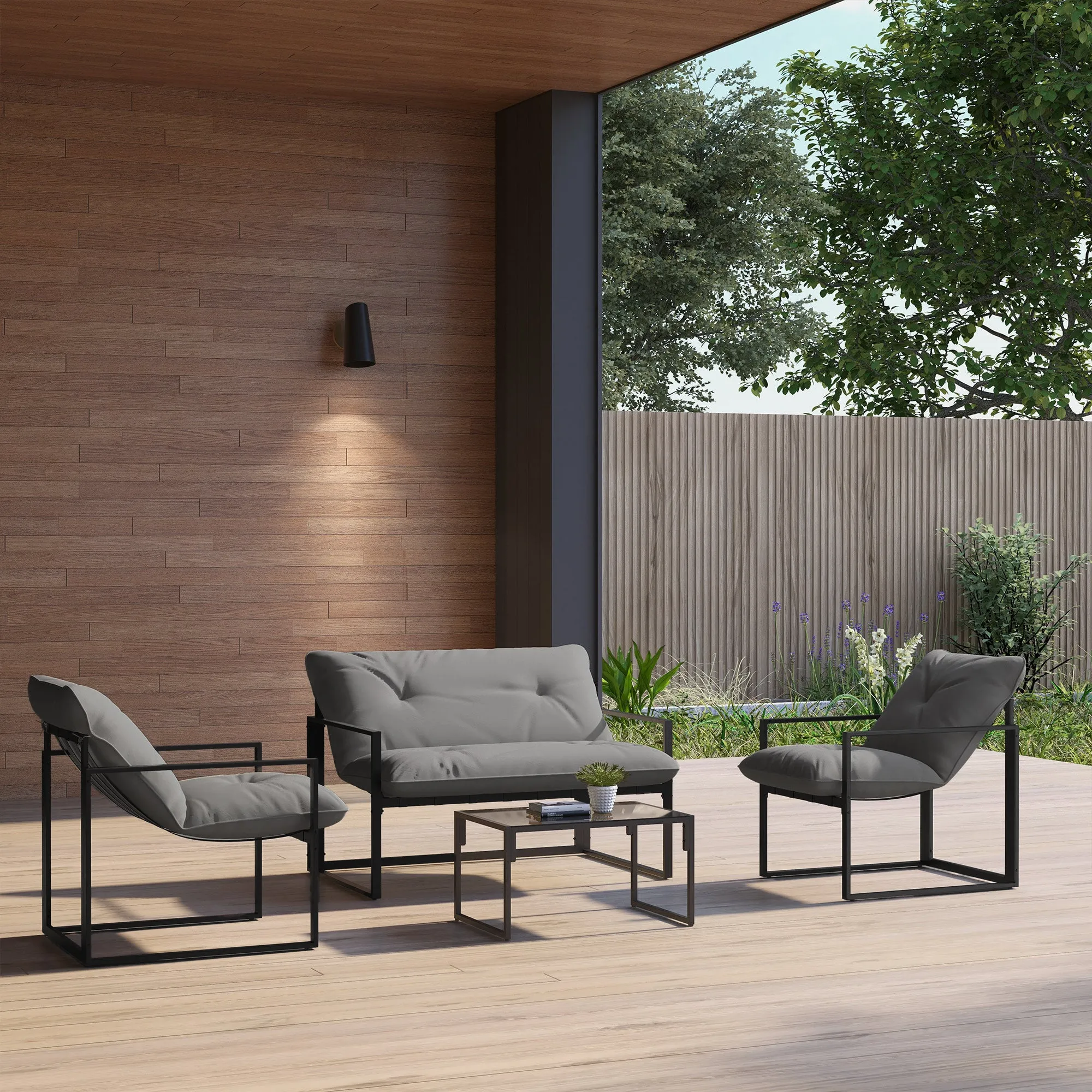 Outsunny 4-Piece Garden Set with Sofa, 2 Armchairs and Coffee Table, in Steel, Polyester and PP Cotton, Black and Grey - Image 2