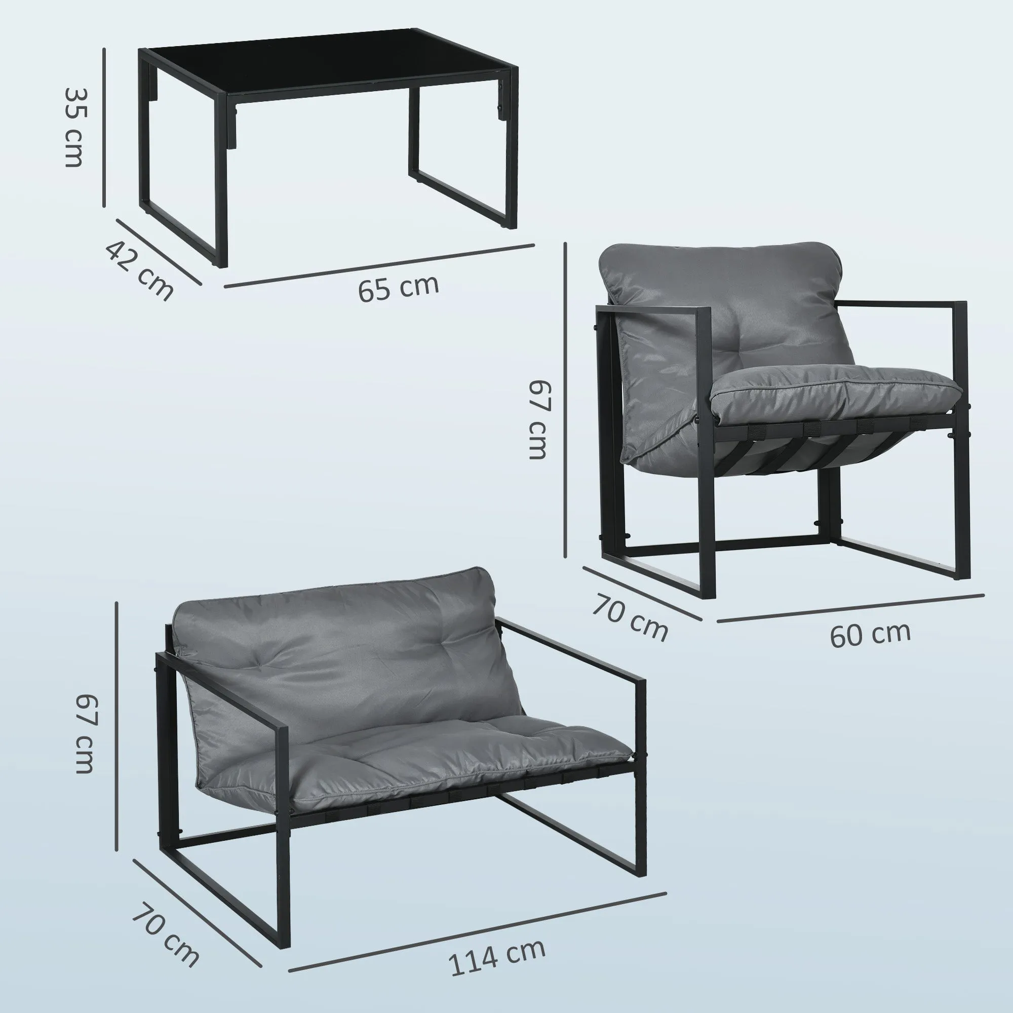 Outsunny 4-Piece Garden Set with Sofa, 2 Armchairs and Coffee Table, in Steel, Polyester and PP Cotton, Black and Grey - Image 3