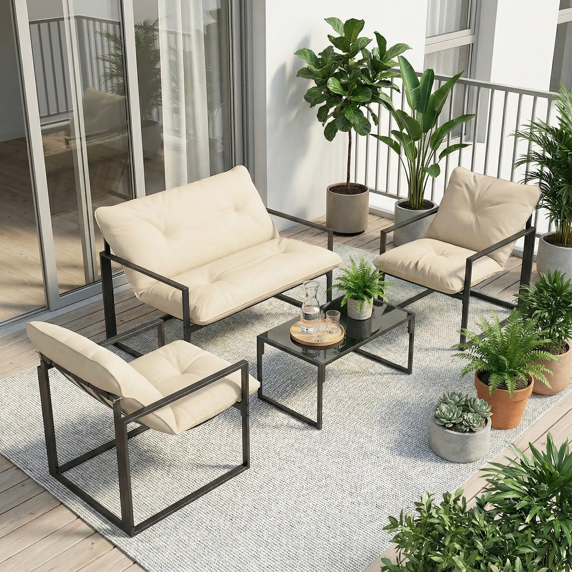 Outsunny 4-Piece Garden Set with Sofa, 2 Armchairs and Coffee Table, in Steel, Polyester and PP Cotton, Beige and Grey - Image 2