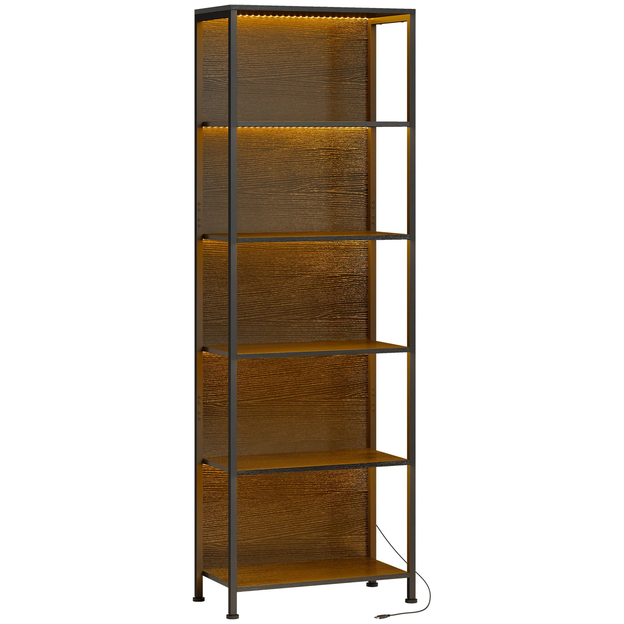 Industrial Style 5-Tier Bookcase with LED Lighting, Metal and Wood, 60x30x179 cm, Black