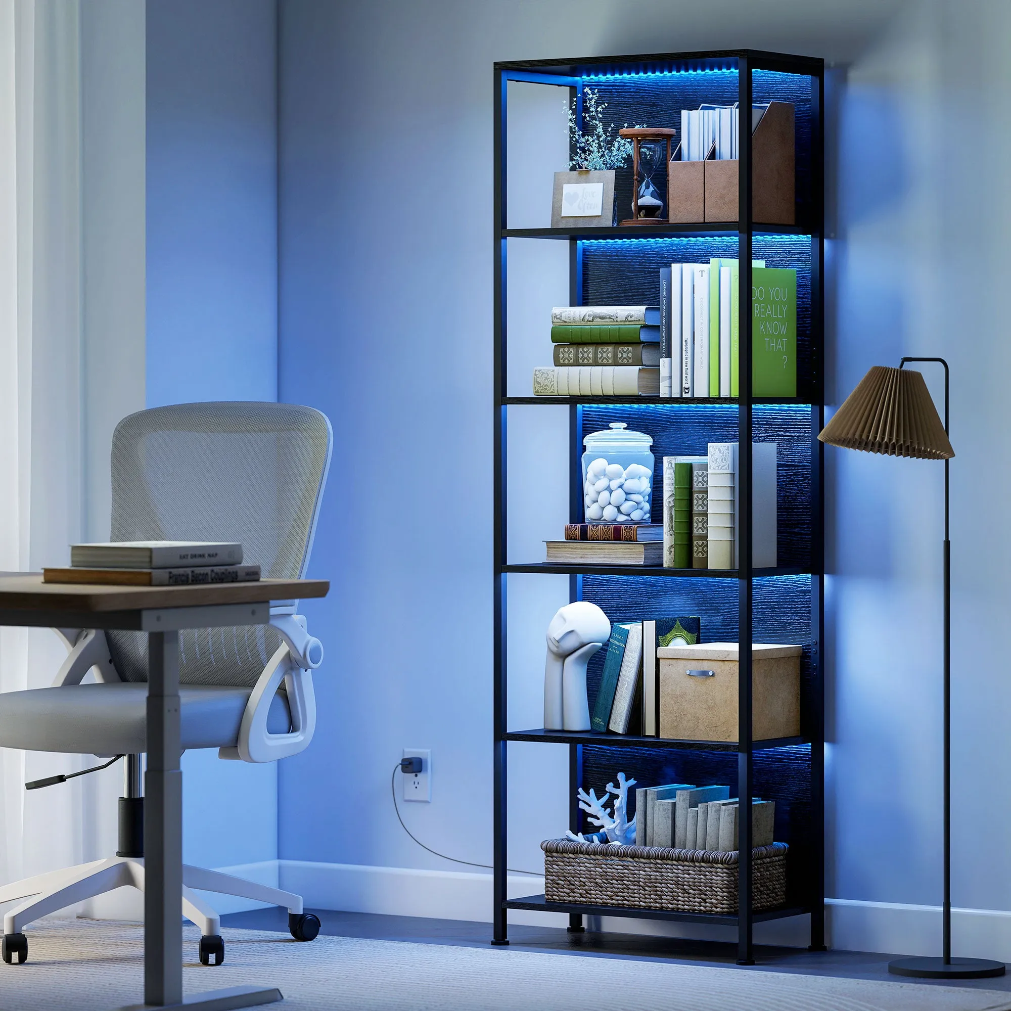 Industrial Style 5-Tier Bookcase with LED Lighting, Metal and Wood, 60x30x179 cm, Black - Image 2