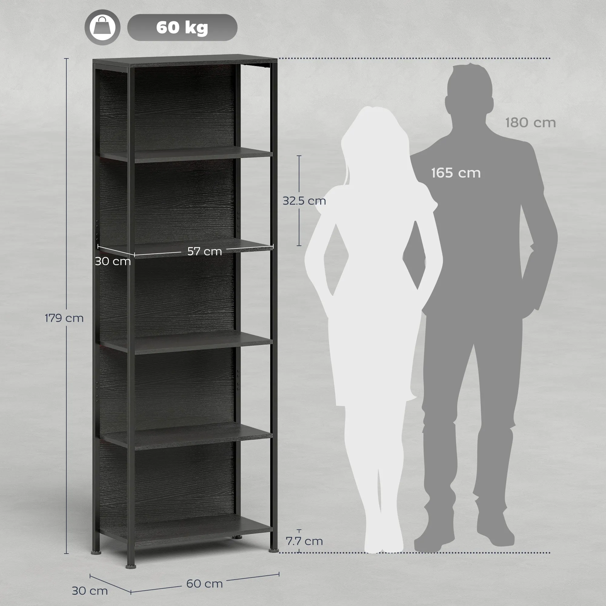 Industrial Style 5-Tier Bookcase with LED Lighting, Metal and Wood, 60x30x179 cm, Black - Image 3