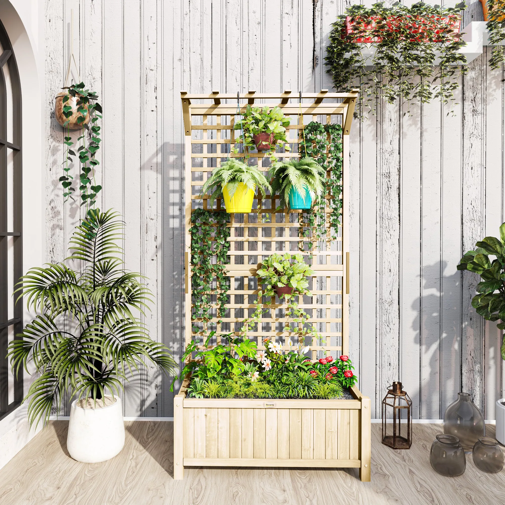 Outsunny Garden Planter with Trellis for Climbing Plants, 90x45x183 cm, Natural Wood - Image 2
