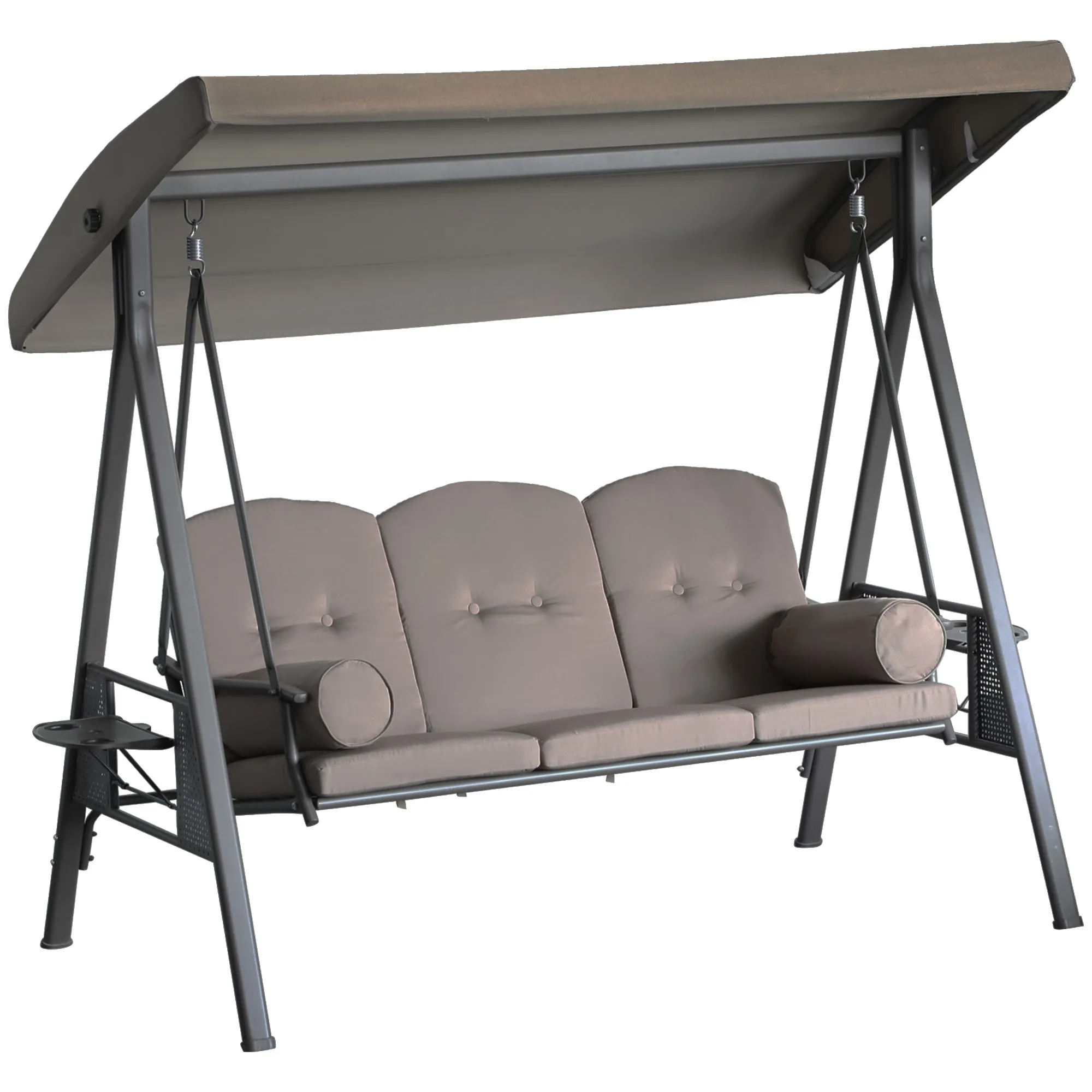 Outsunny 3-Seater Garden Swing with Adjustable Canopy, Cup Holder and Cushions, 208x121x172 cm, Brown