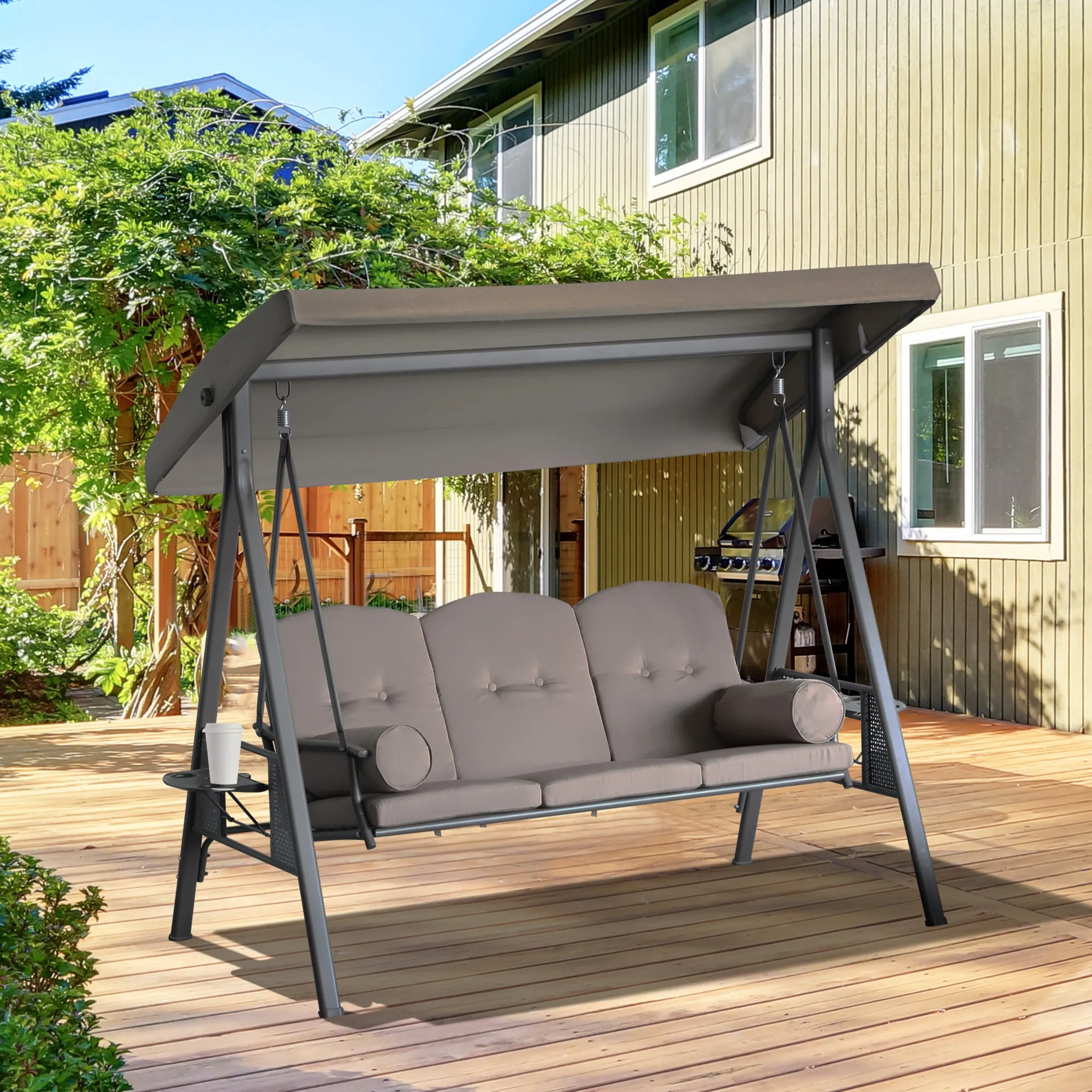 Outsunny 3-Seater Garden Swing with Adjustable Canopy, Cup Holder and Cushions, 208x121x172 cm, Brown - Image 2