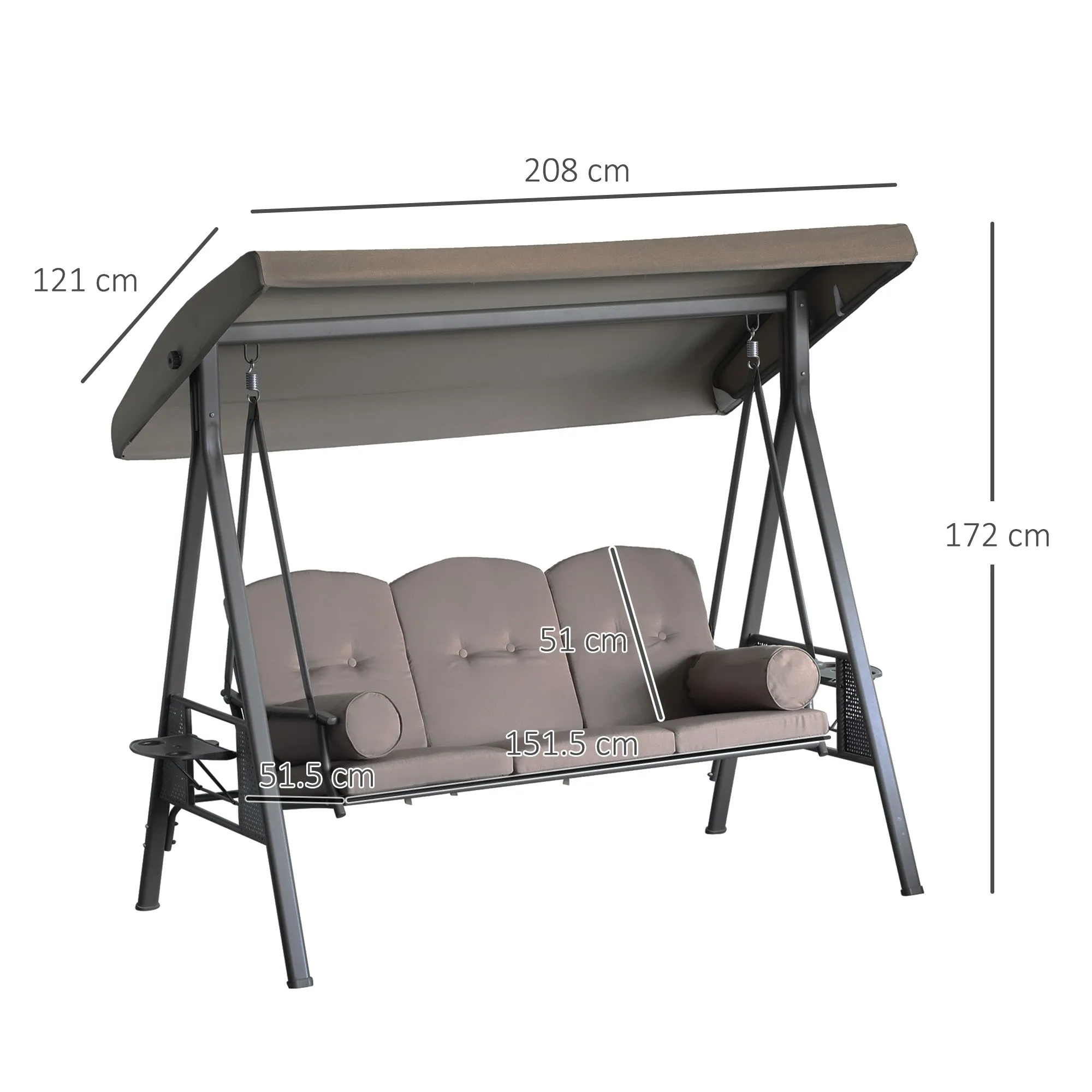 Outsunny 3-Seater Garden Swing with Adjustable Canopy, Cup Holder and Cushions, 208x121x172 cm, Brown - Image 3