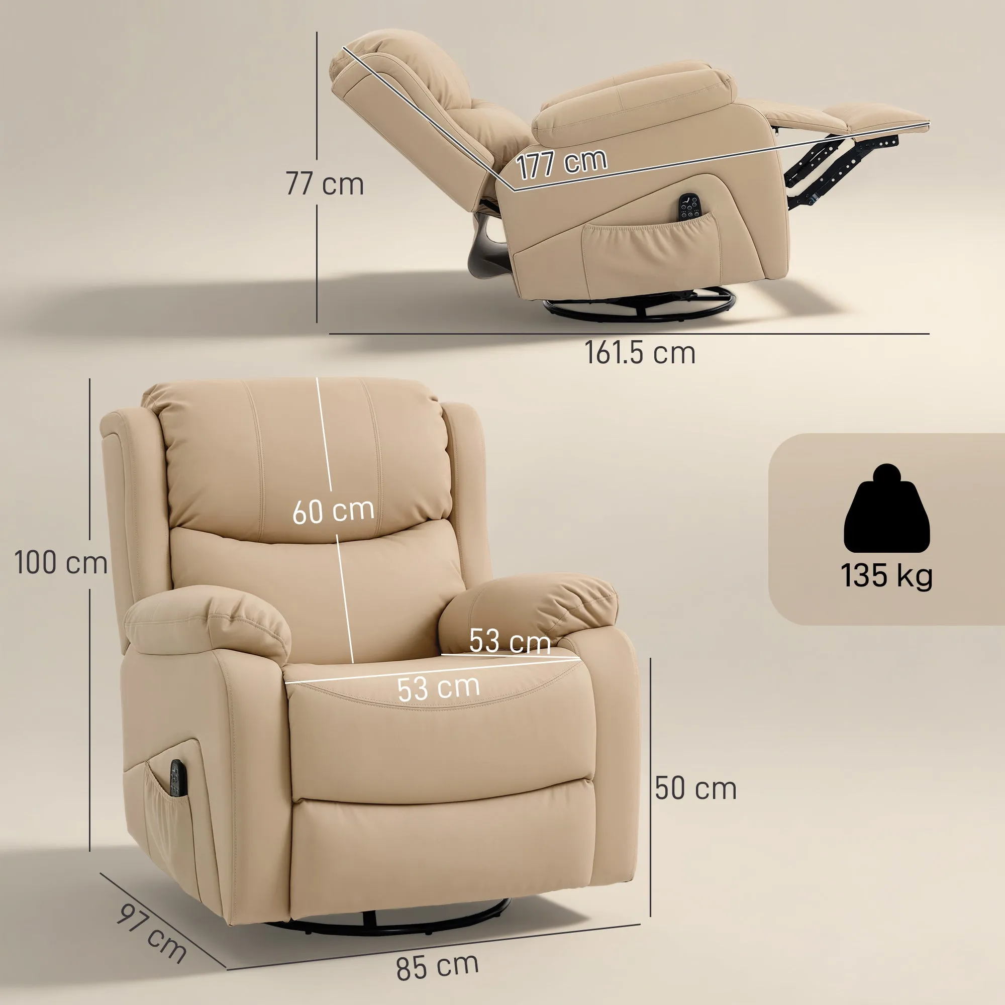 Reclining Relaxing Chair with 8 Massage Points, Heating and Footrest, 87x97x100 cm, Beige - Image 3