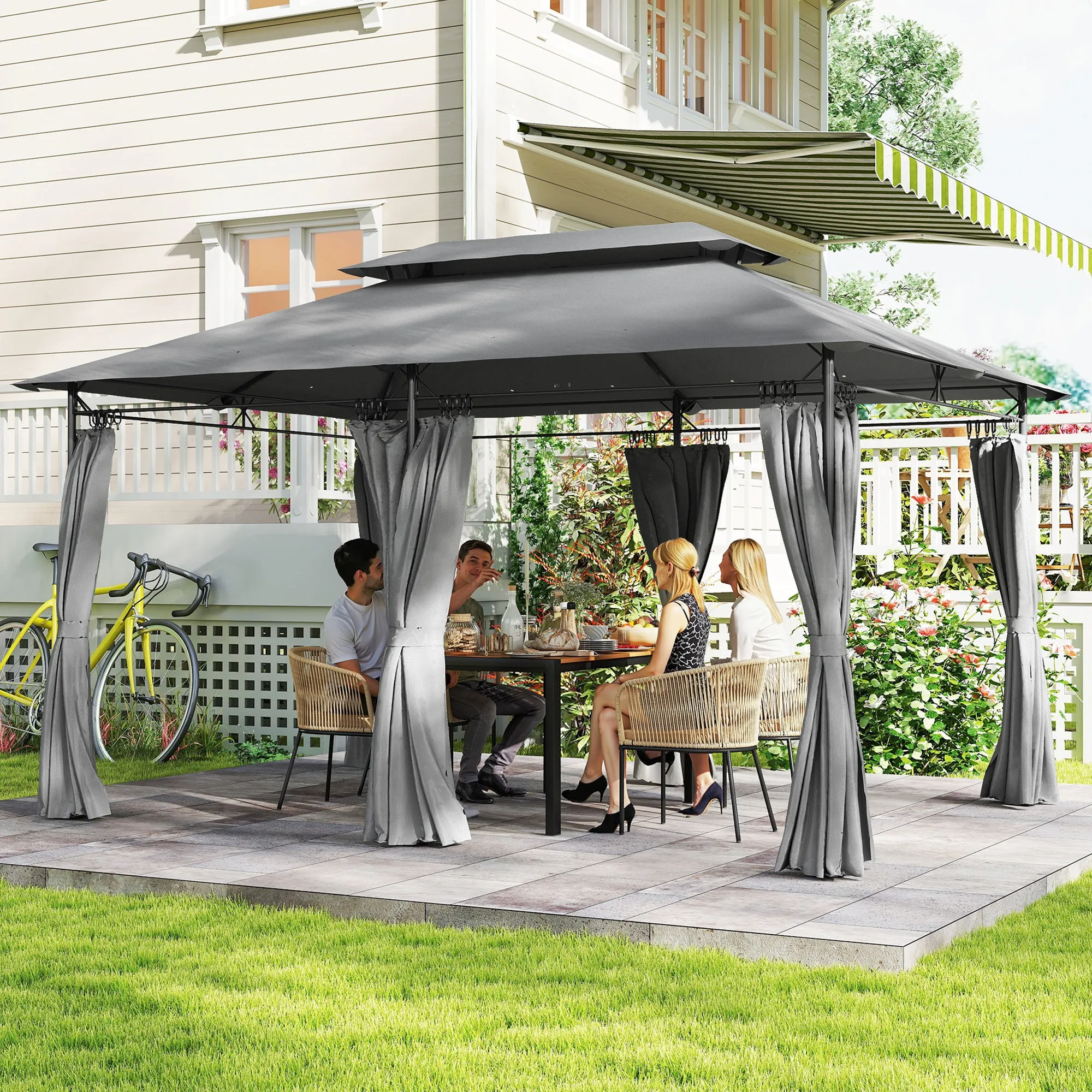 Outsunny 3x4m Garden Gazebo with Removable Curtains, Double Roof and Metal Frame, Grey - Image 2
