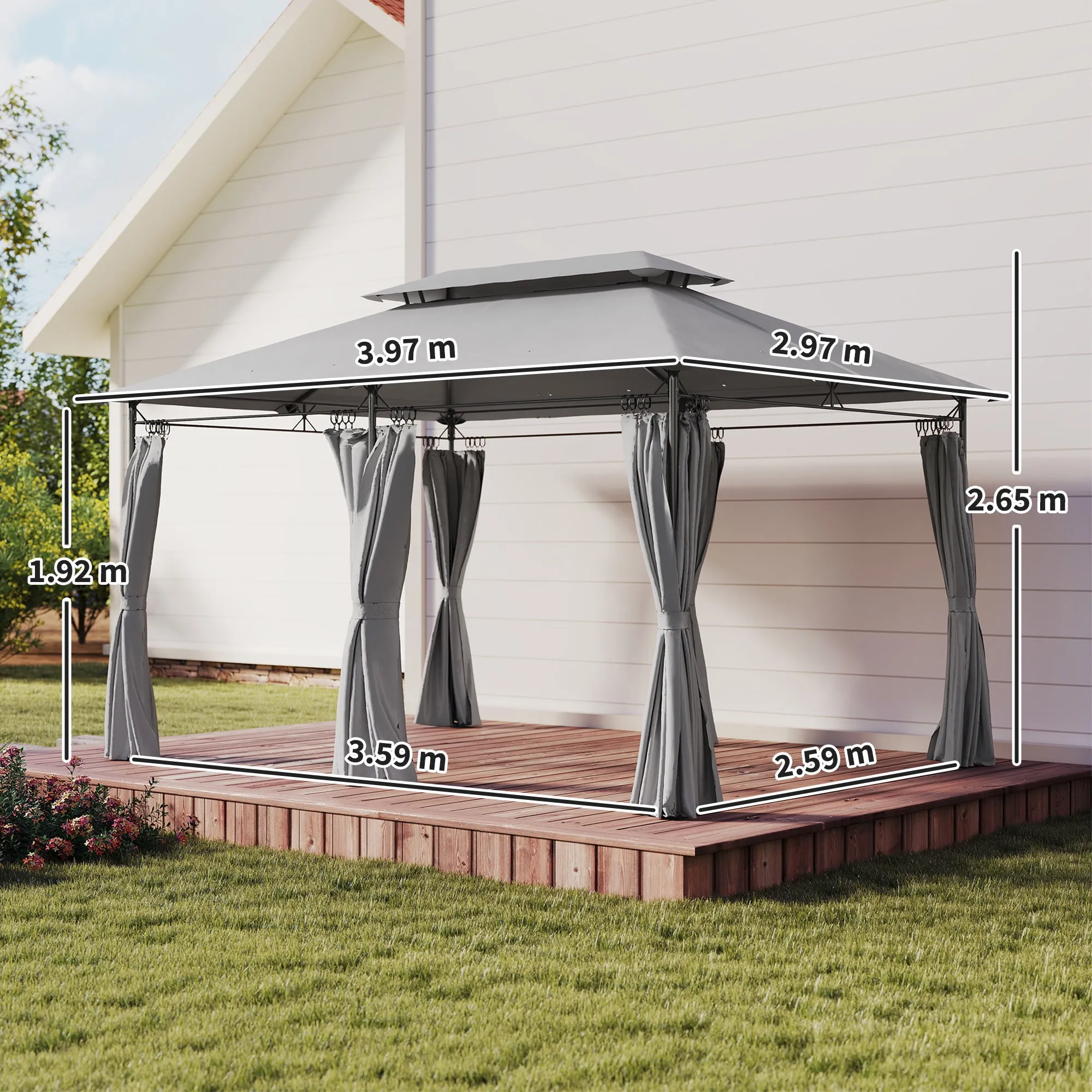 Outsunny 3x4m Garden Gazebo with Removable Curtains, Double Roof and Metal Frame, Grey - Image 3