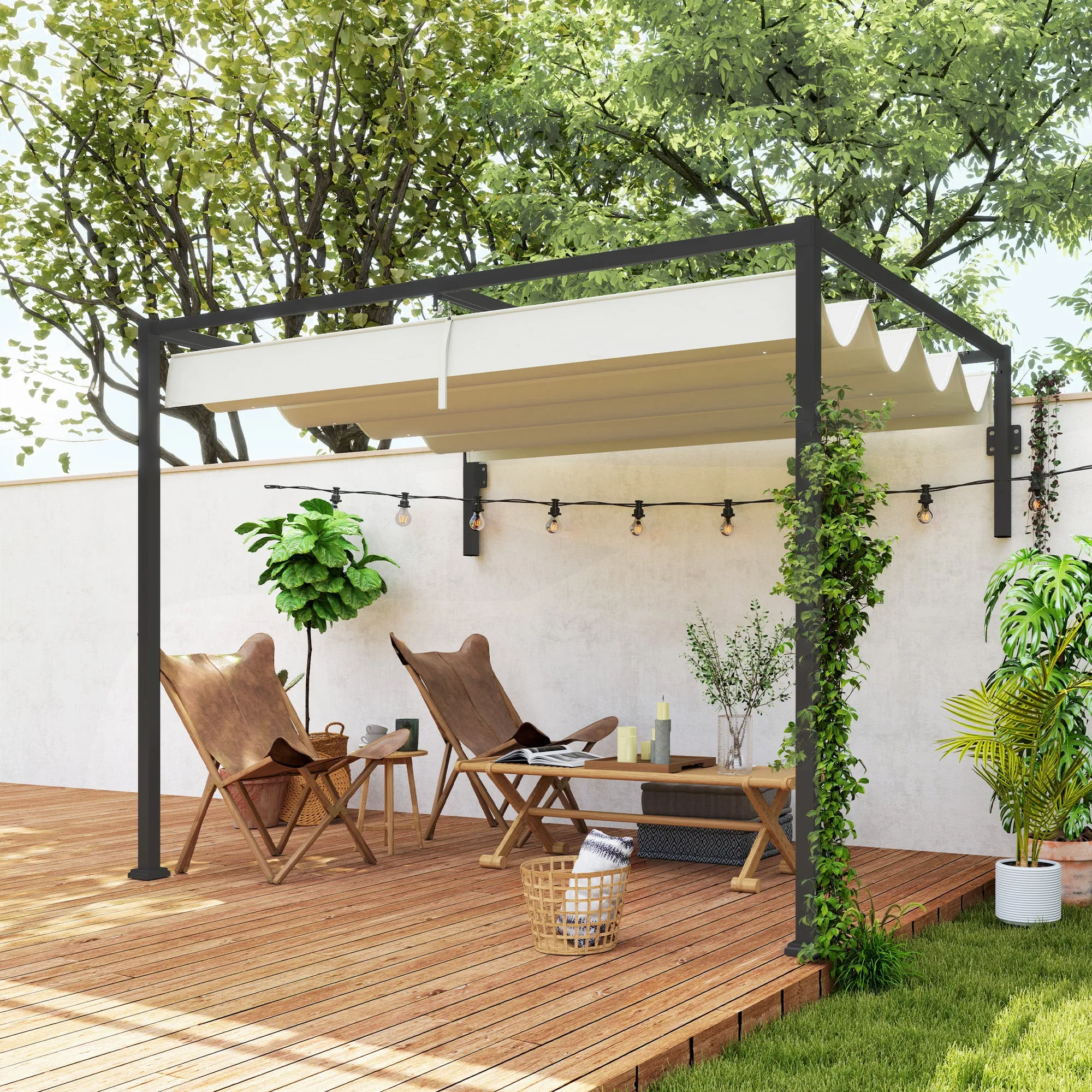 Outsunny Pergola Gazebo 3x2 m with Retractable Canopy and Drainage Holes in Steel and Polyester, Cream - Image 2