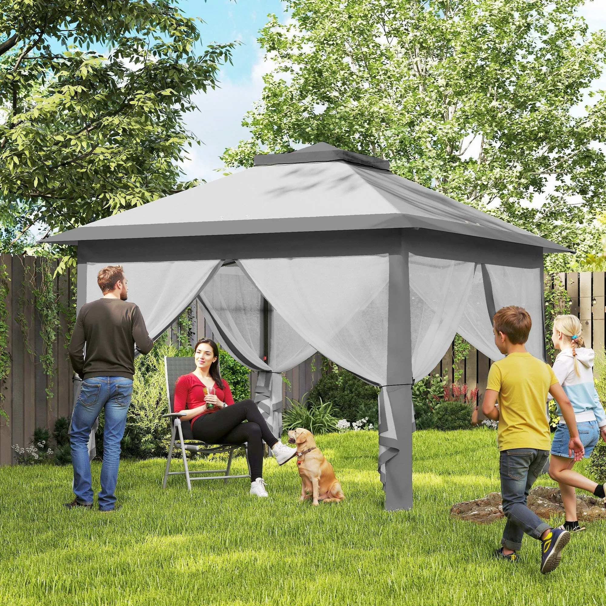 Outsunny Adjustable Height Folding Outdoor Gazebo with Mosquito Nets, 3.3 x 3.3 x 2.8 m, Grey - Image 2