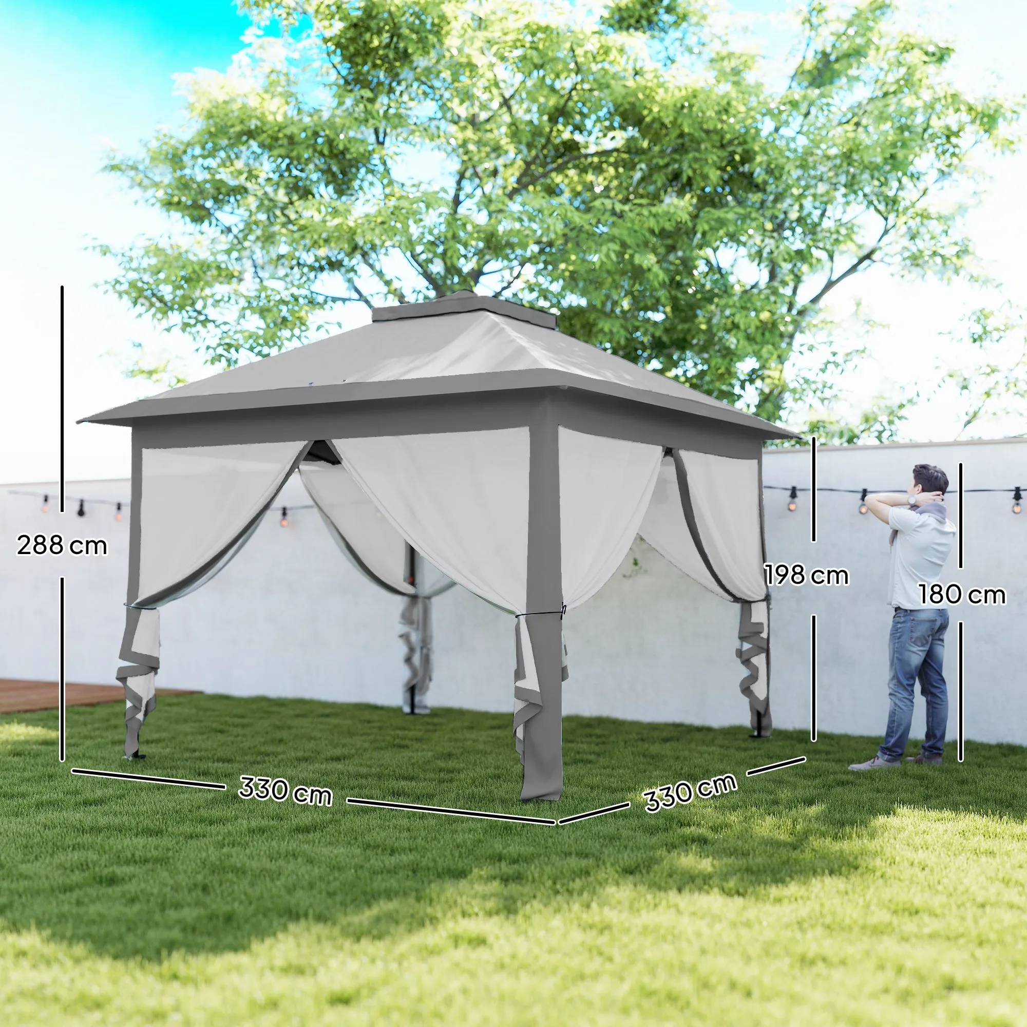 Outsunny Adjustable Height Folding Outdoor Gazebo with Mosquito Nets, 3.3 x 3.3 x 2.8 m, Grey - Image 3