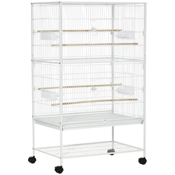 PawHut Indoor Bird Cage with Removable Tray, 4 Wheels and Perch, 78x52x132 cm, White