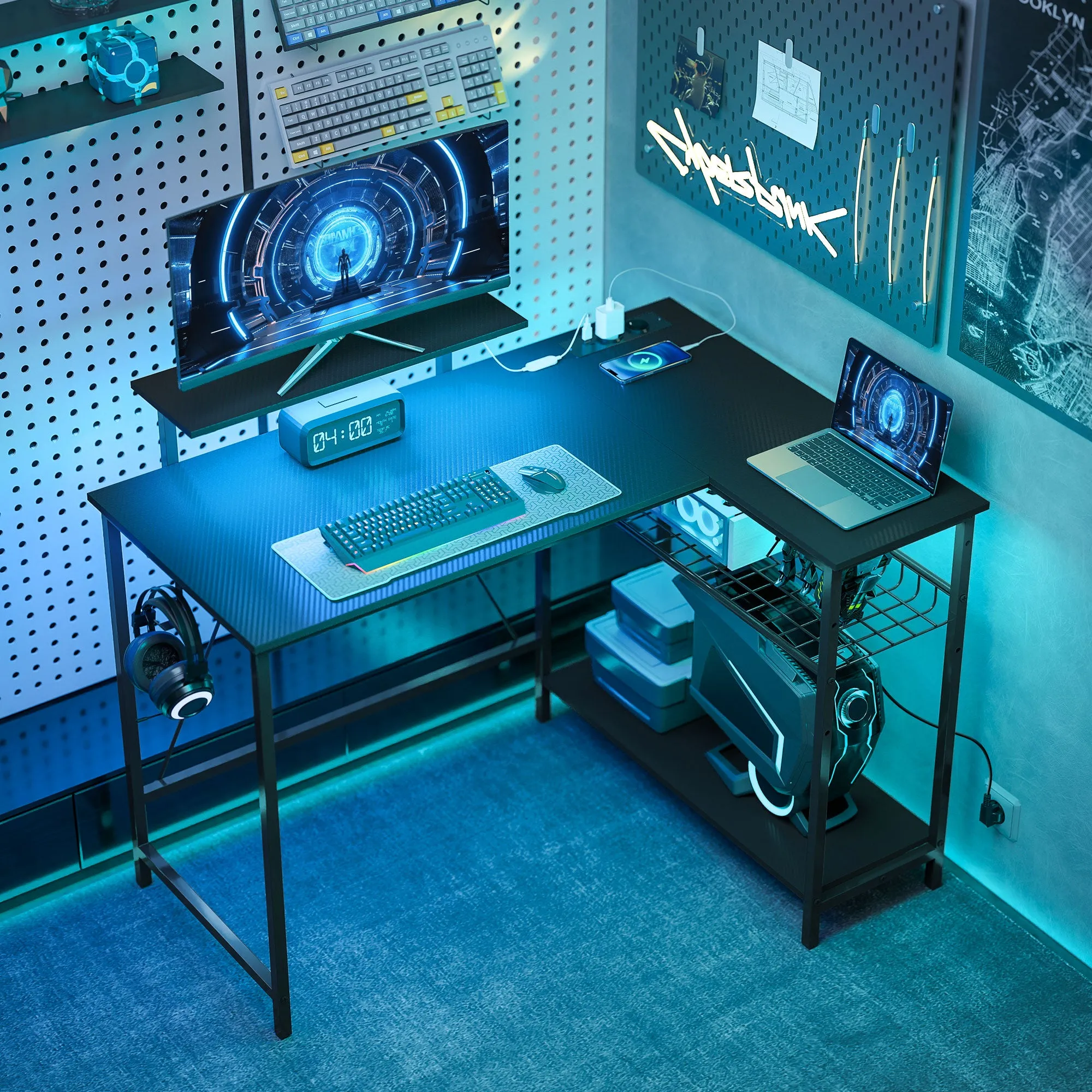 Corner Gaming Desk with LED Lights, Power Outlets, Monitor Stand and Shelf, Black - Image 2