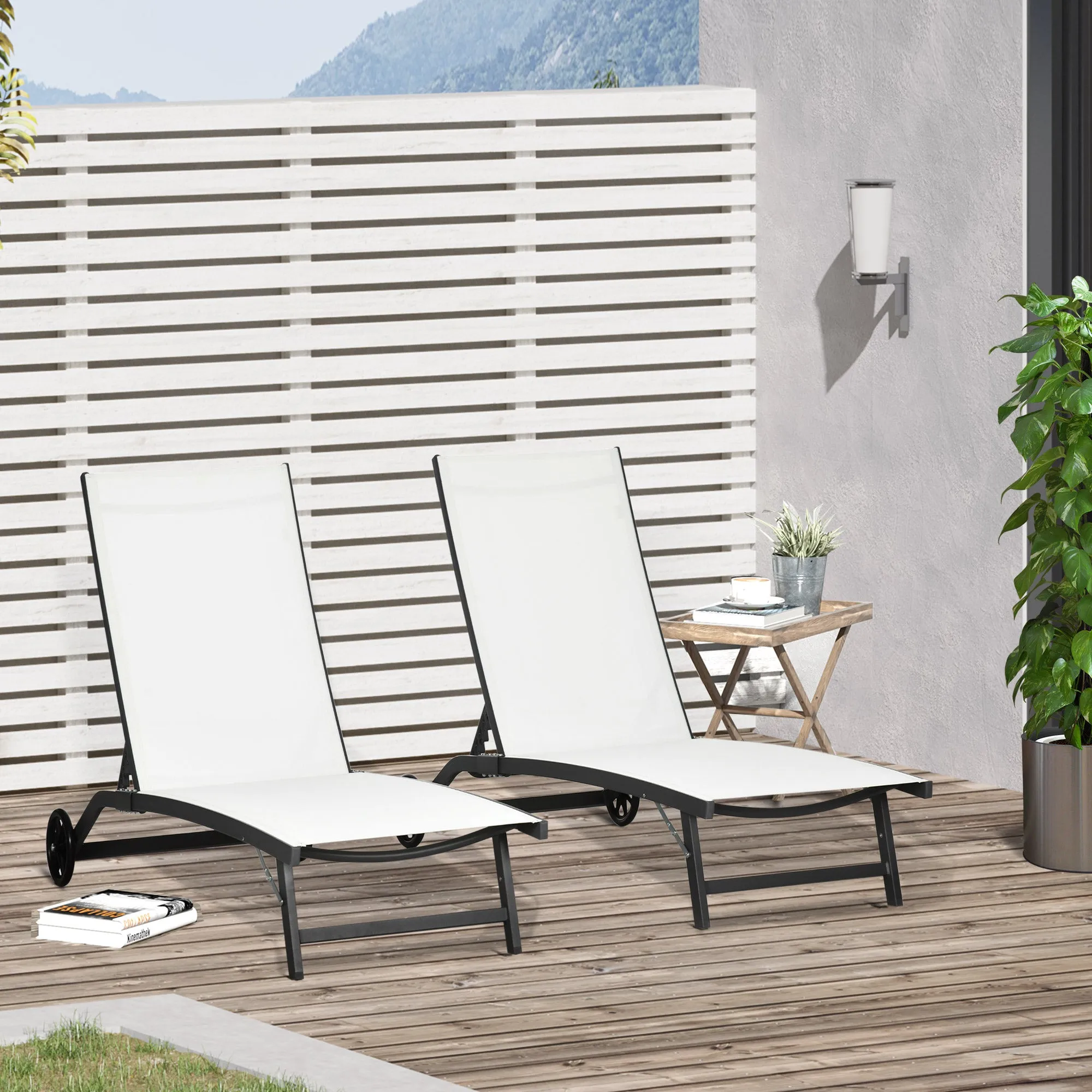 Outsunny Set of 2 Sun Loungers with Reclining Backrest, in Aluminum and Breathable Fabric, 66x165x102 cm, Cream - Image 2