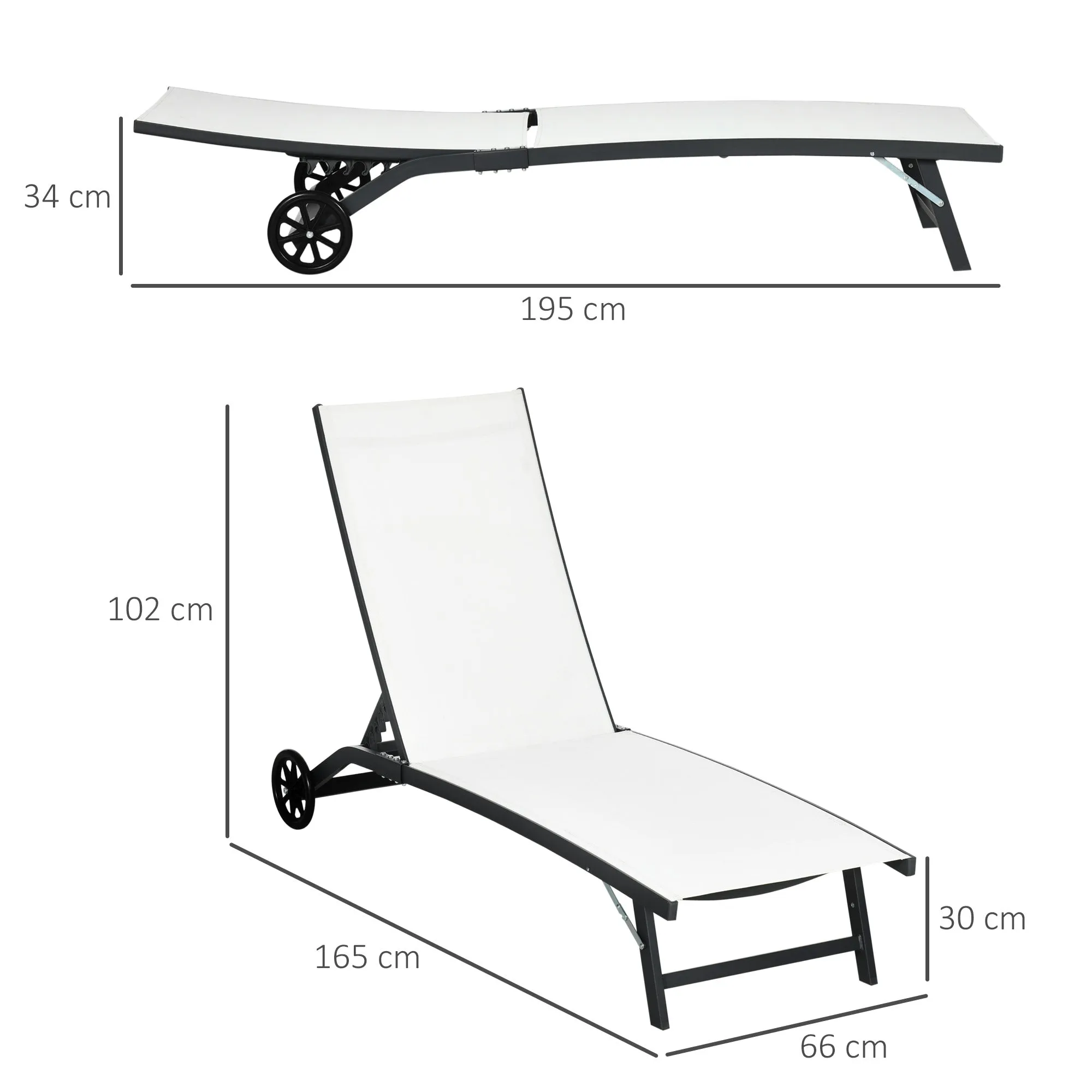 Outsunny Set of 2 Sun Loungers with Reclining Backrest, in Aluminum and Breathable Fabric, 66x165x102 cm, Cream - Image 3