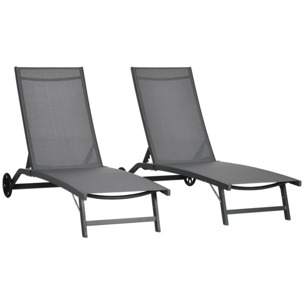 Outsunny Set of 2 Sun Loungers with Reclining Backrest, in Aluminum and Breathable Fabric, 66x165x102 cm, Dark Gray