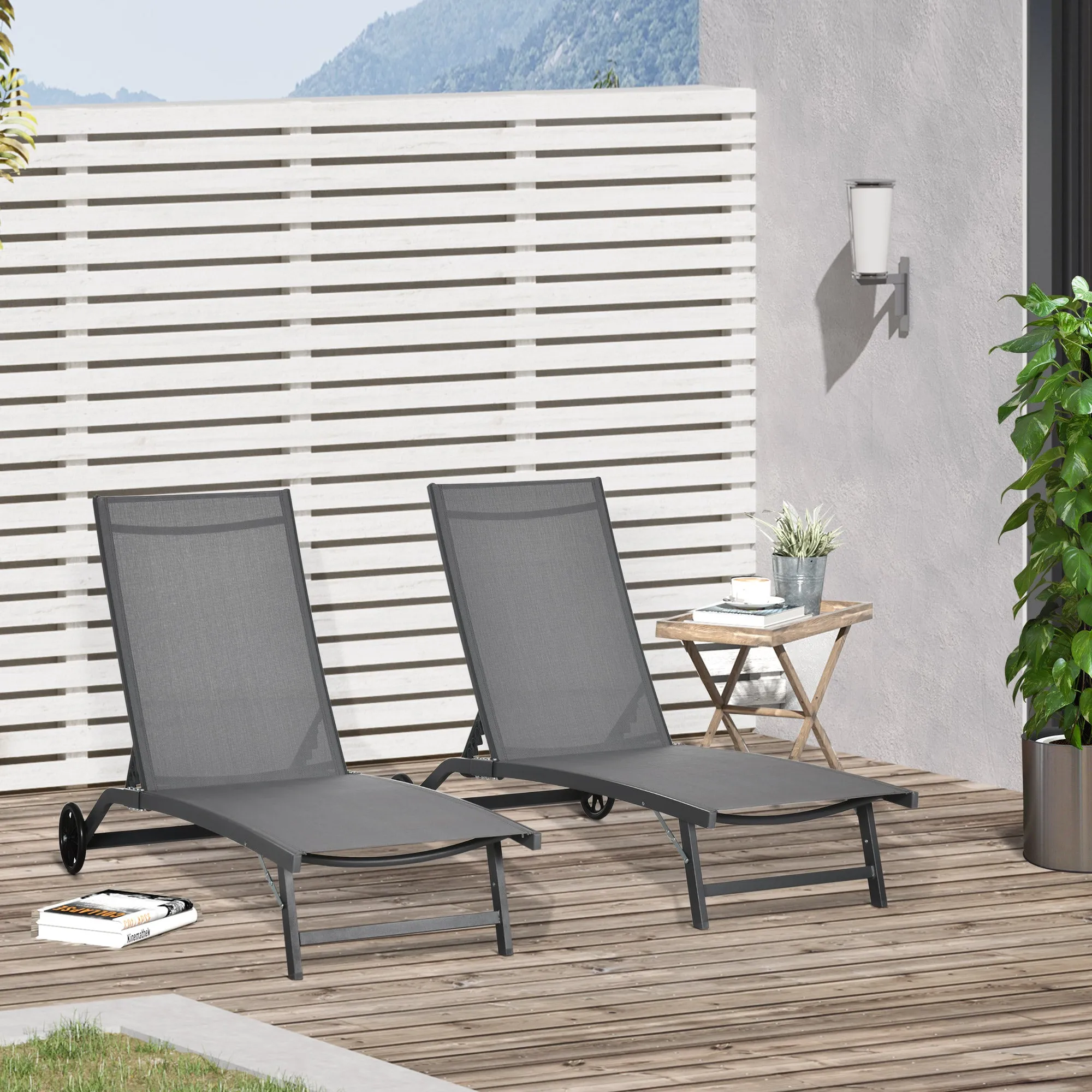 Outsunny Set of 2 Sun Loungers with Reclining Backrest, in Aluminum and Breathable Fabric, 66x165x102 cm, Dark Gray - Image 2
