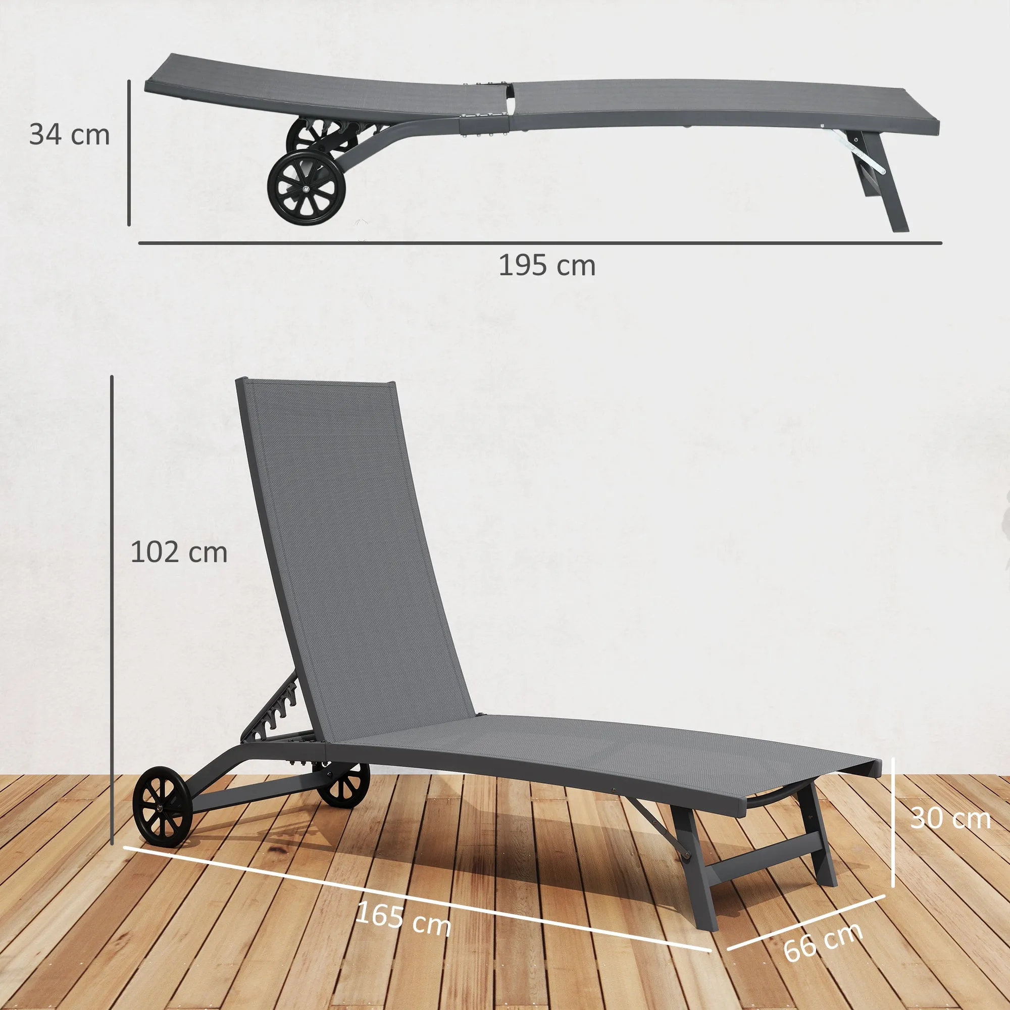 Outsunny Set of 2 Sun Loungers with Reclining Backrest, in Aluminum and Breathable Fabric, 66x165x102 cm, Dark Gray - Image 3