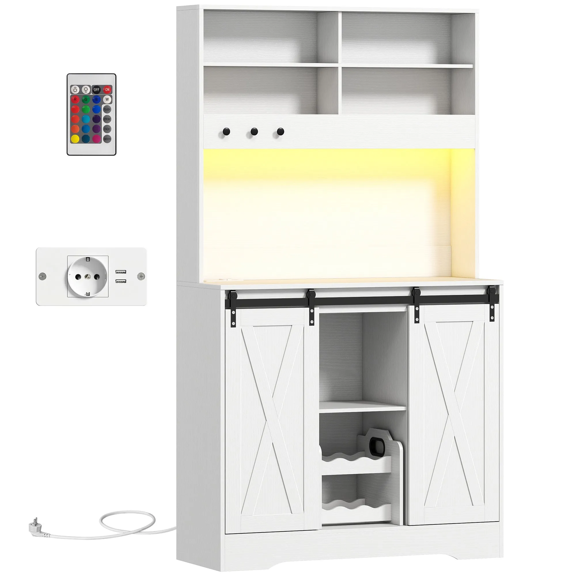 Kitchen Sideboard with Power Sockets, LED Light, Bottle Rack and Sliding Doors, 100x38x180 cm, White