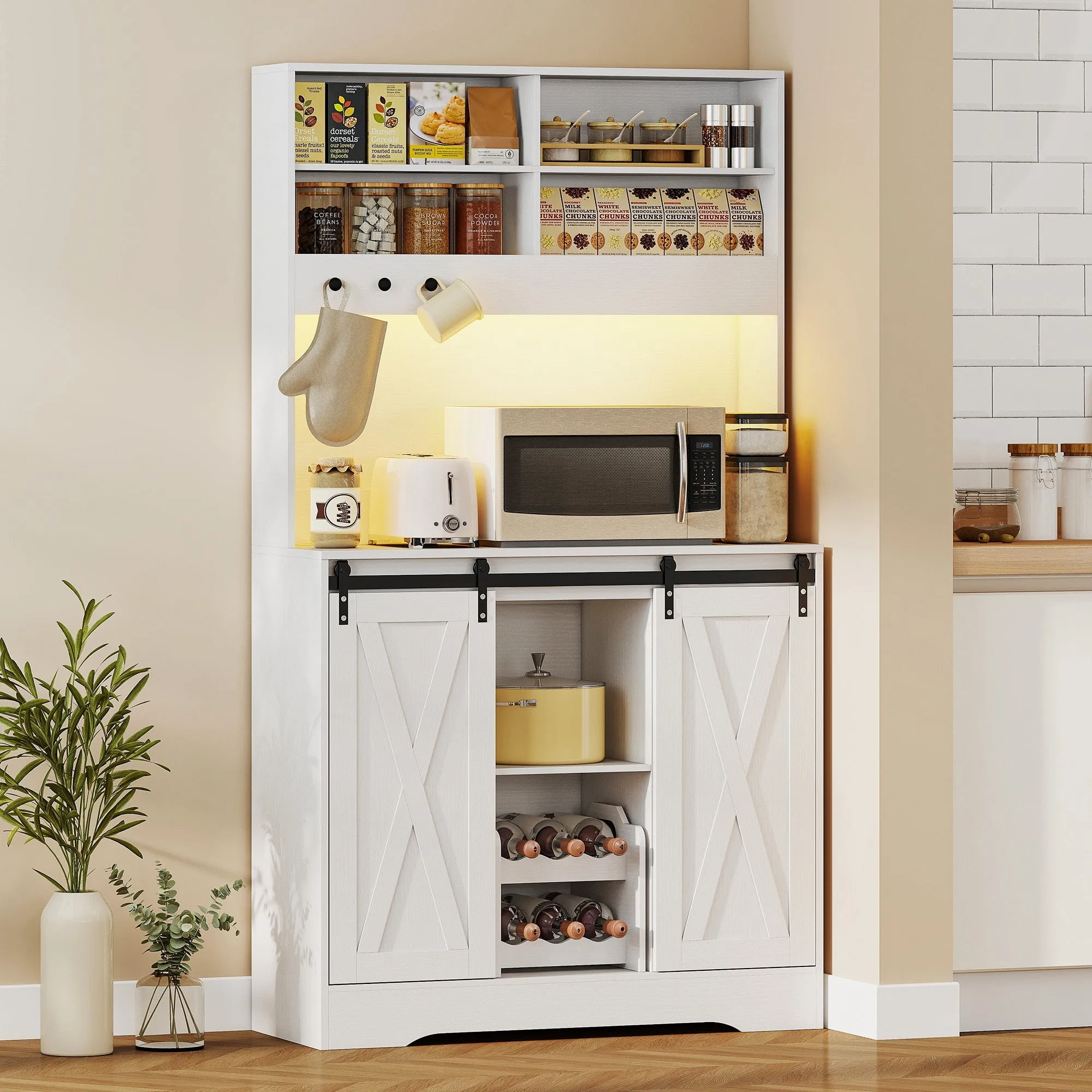 Kitchen Sideboard with Power Sockets, LED Light, Bottle Rack and Sliding Doors, 100x38x180 cm, White - Image 2