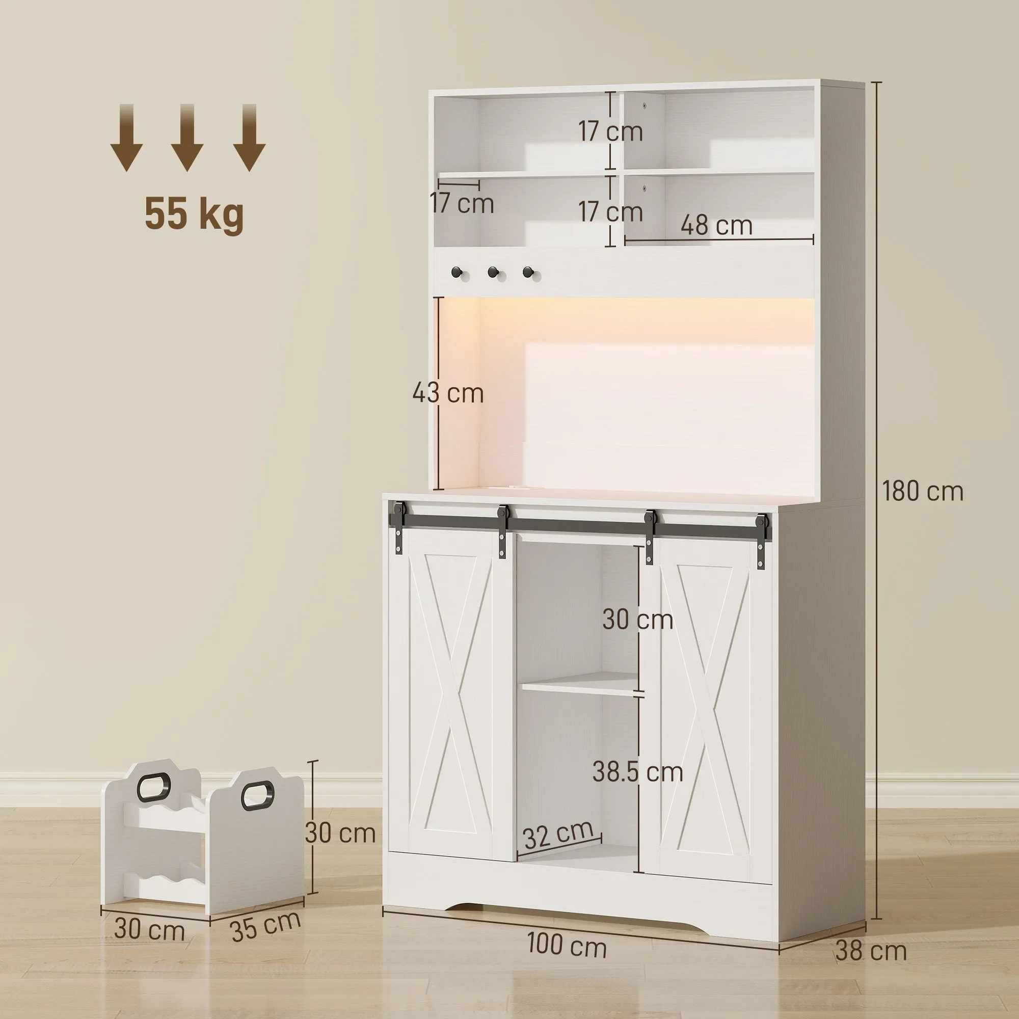 Kitchen Sideboard with Power Sockets, LED Light, Bottle Rack and Sliding Doors, 100x38x180 cm, White - Image 3