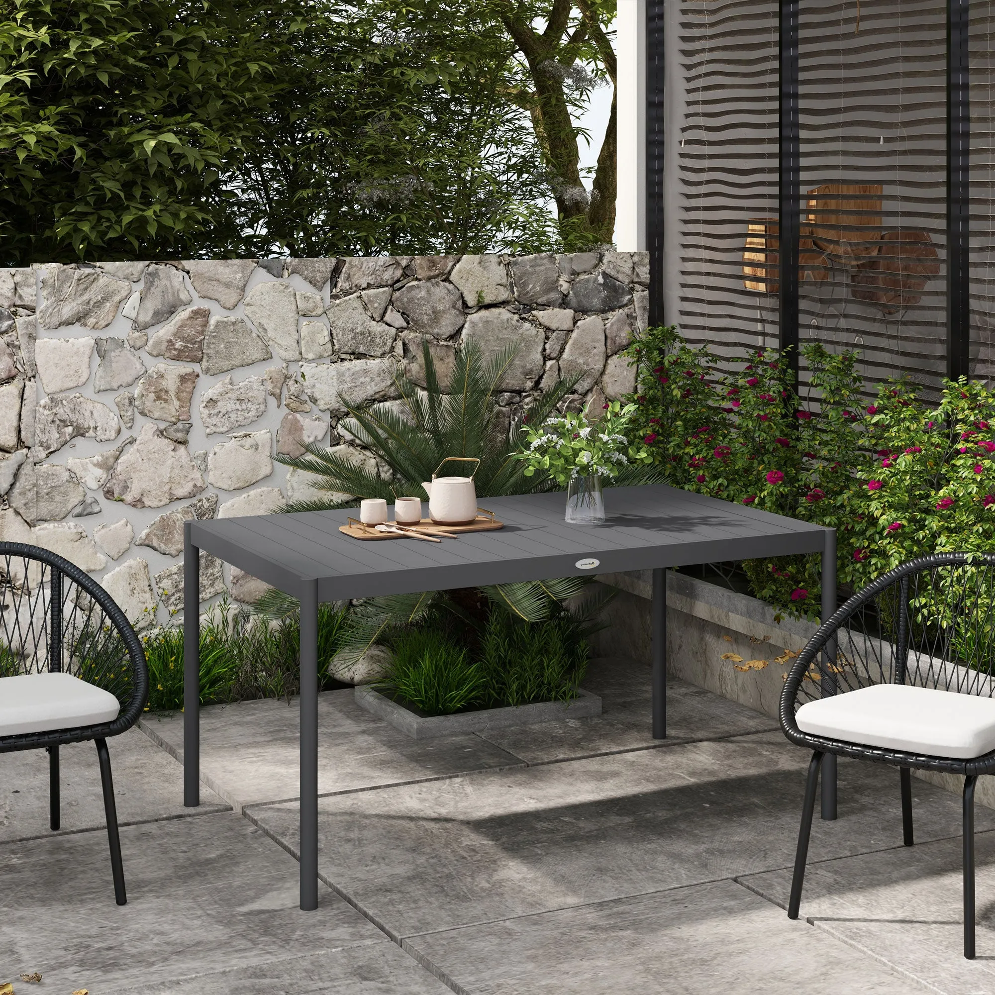 Outsunny 6-Seater Slatted Garden Table in Steel and Aluminum, 145x90x74 cm, Dark Gray - Image 2