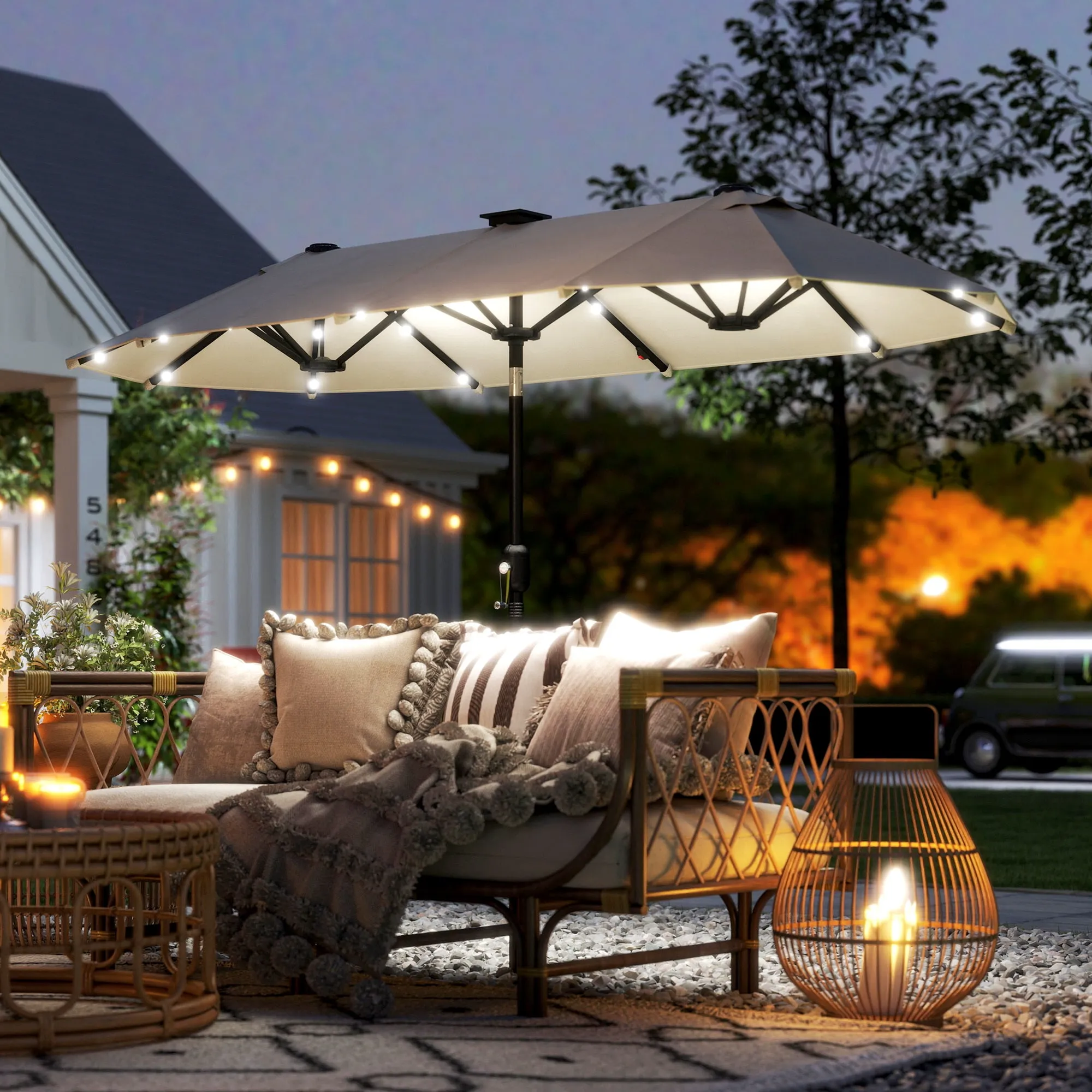 Outsunny Double Umbrella with LED Lights and Crank Handle, in Polyester and Steel, 2.92 x 1.5 x 2.2 m, Beige - Image 2