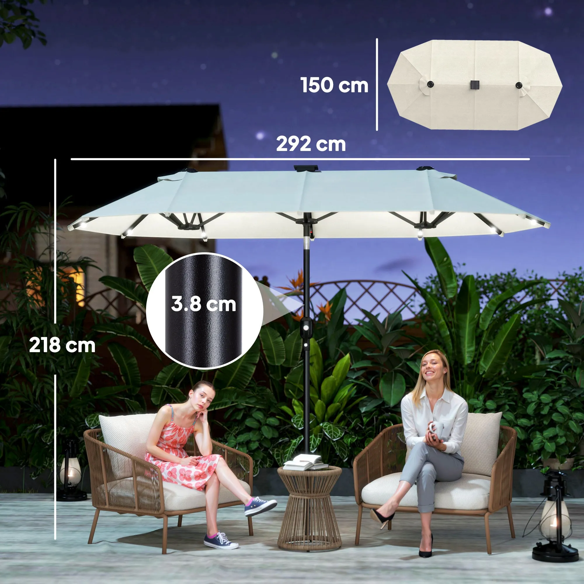 Outsunny Double Umbrella with LED Lights and Crank Handle, in Polyester and Steel, 2.92 x 1.5 x 2.2 m, Beige - Image 3