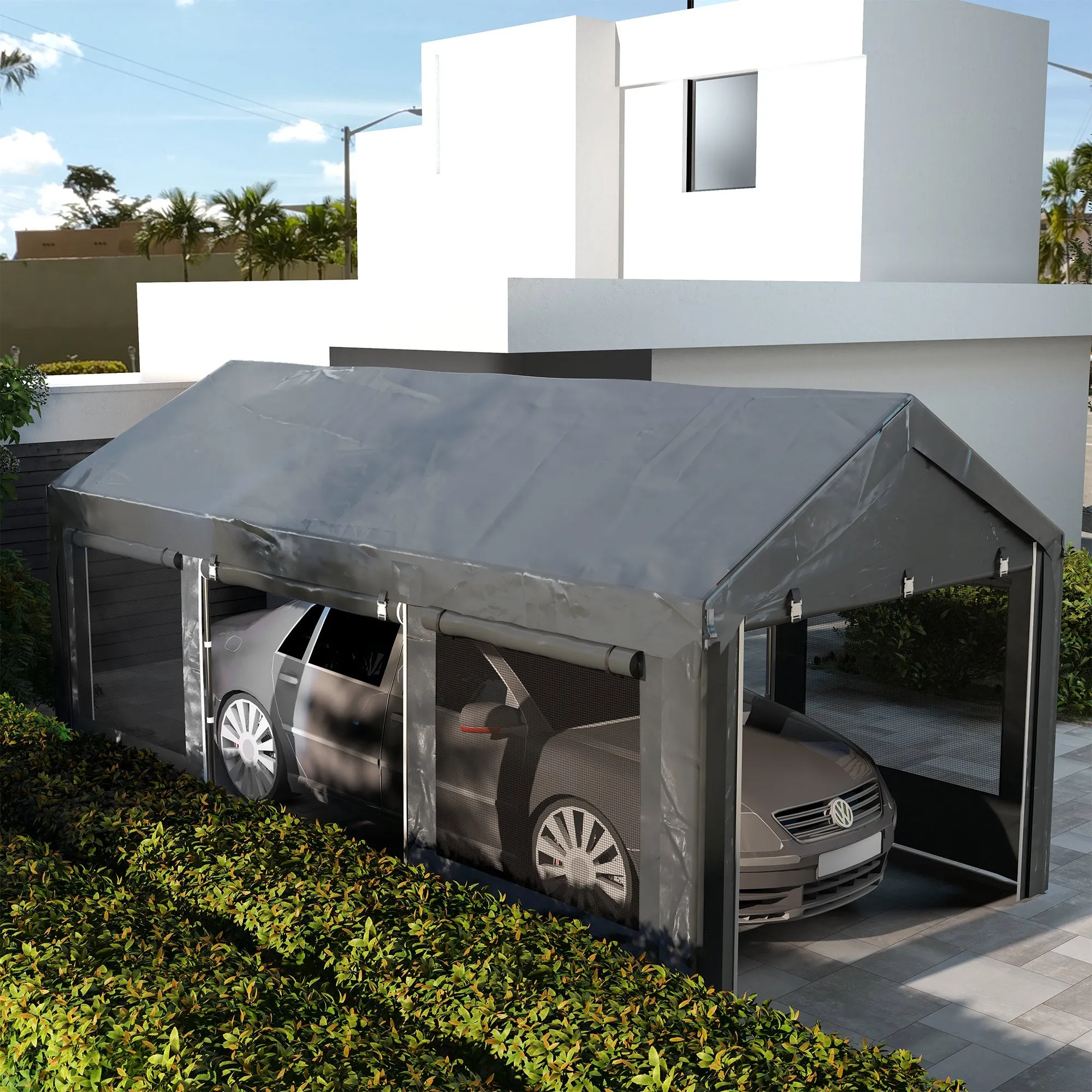 Outsunny 6x3m Dark Grey Adjustable Height Car and Party Tent with 4 Doors and 4 Windows - Image 2