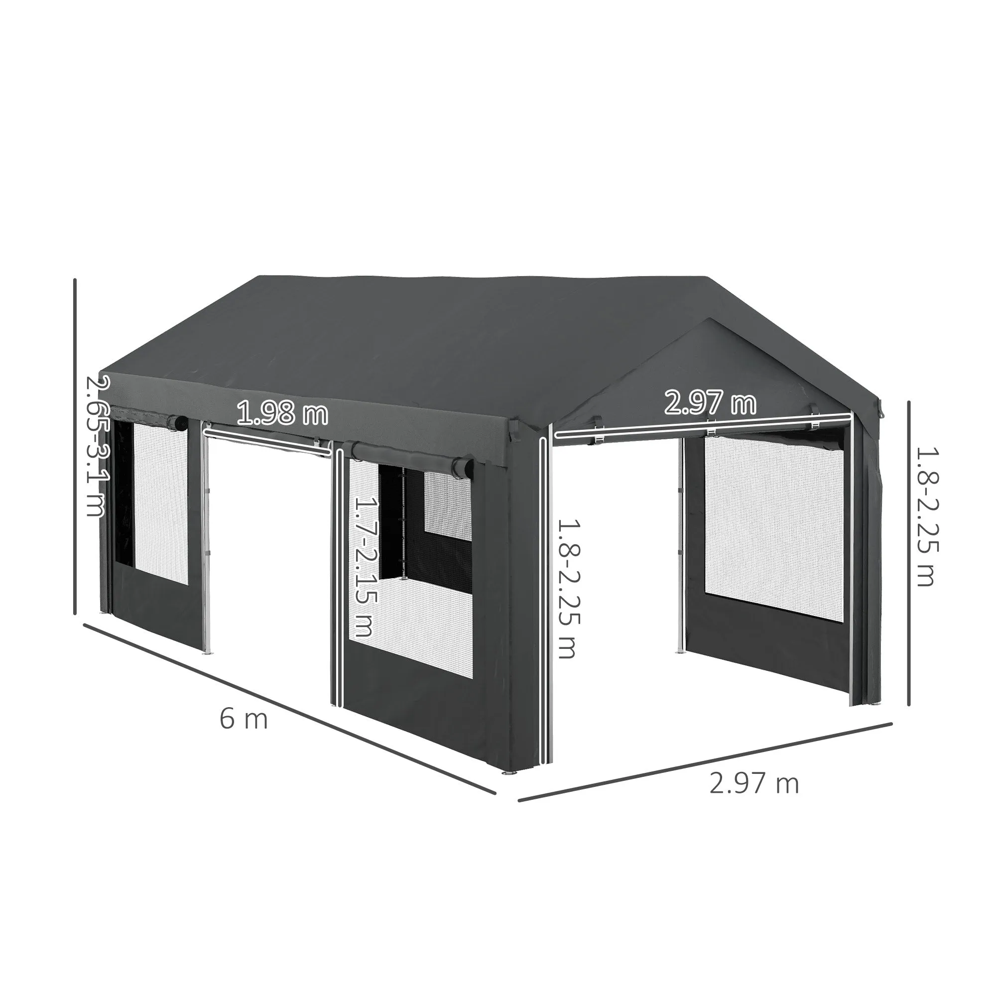Outsunny 6x3m Dark Grey Adjustable Height Car and Party Tent with 4 Doors and 4 Windows - Image 3