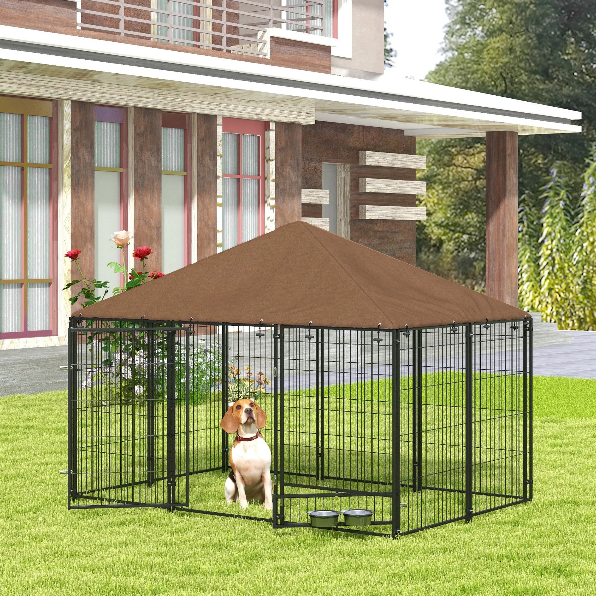 PawHut Metal and Oxford Fabric Dog Playpen with Bowl Door, 211x141x151 cm, Black and Brown - Image 2