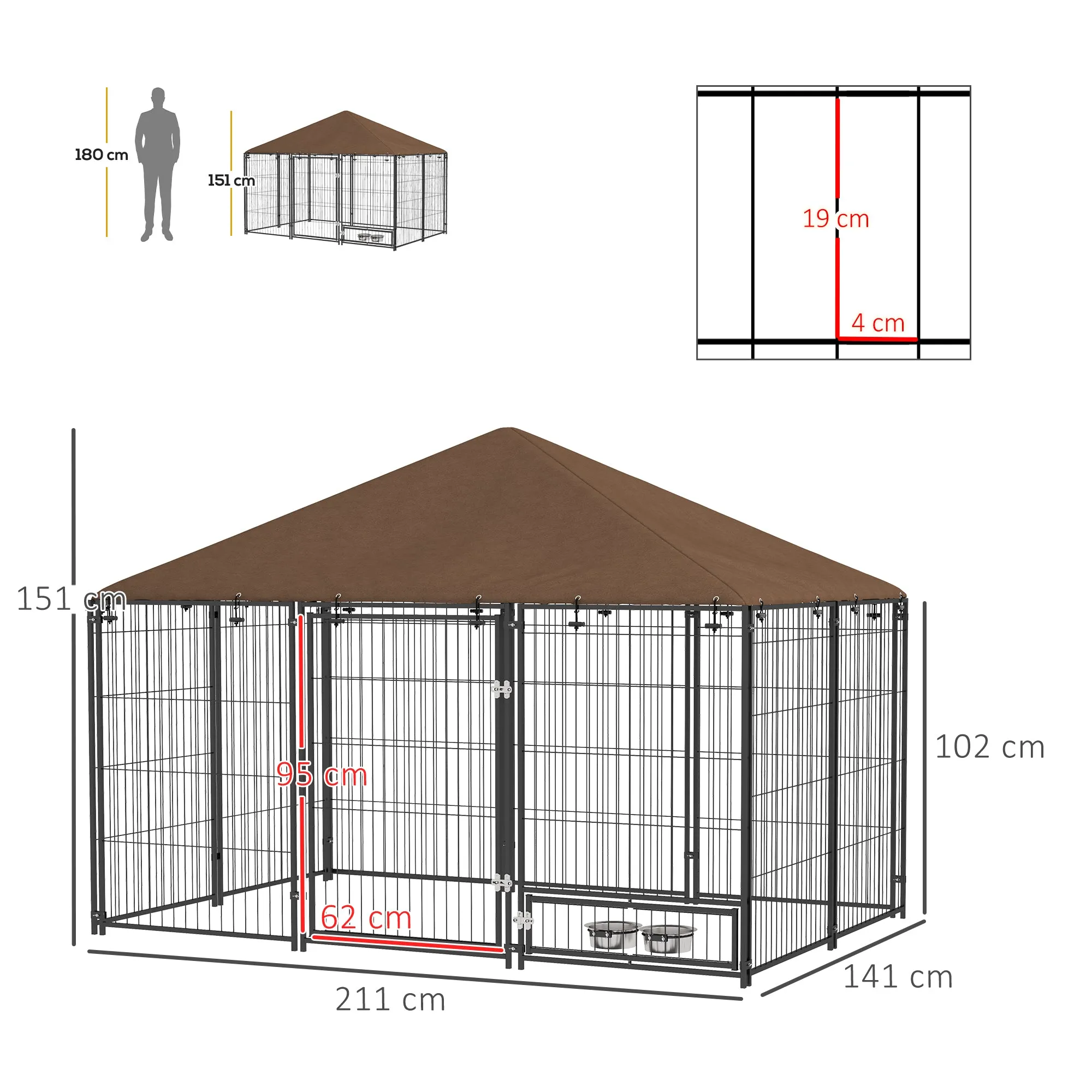 PawHut Metal and Oxford Fabric Dog Playpen with Bowl Door, 211x141x151 cm, Black and Brown - Image 3