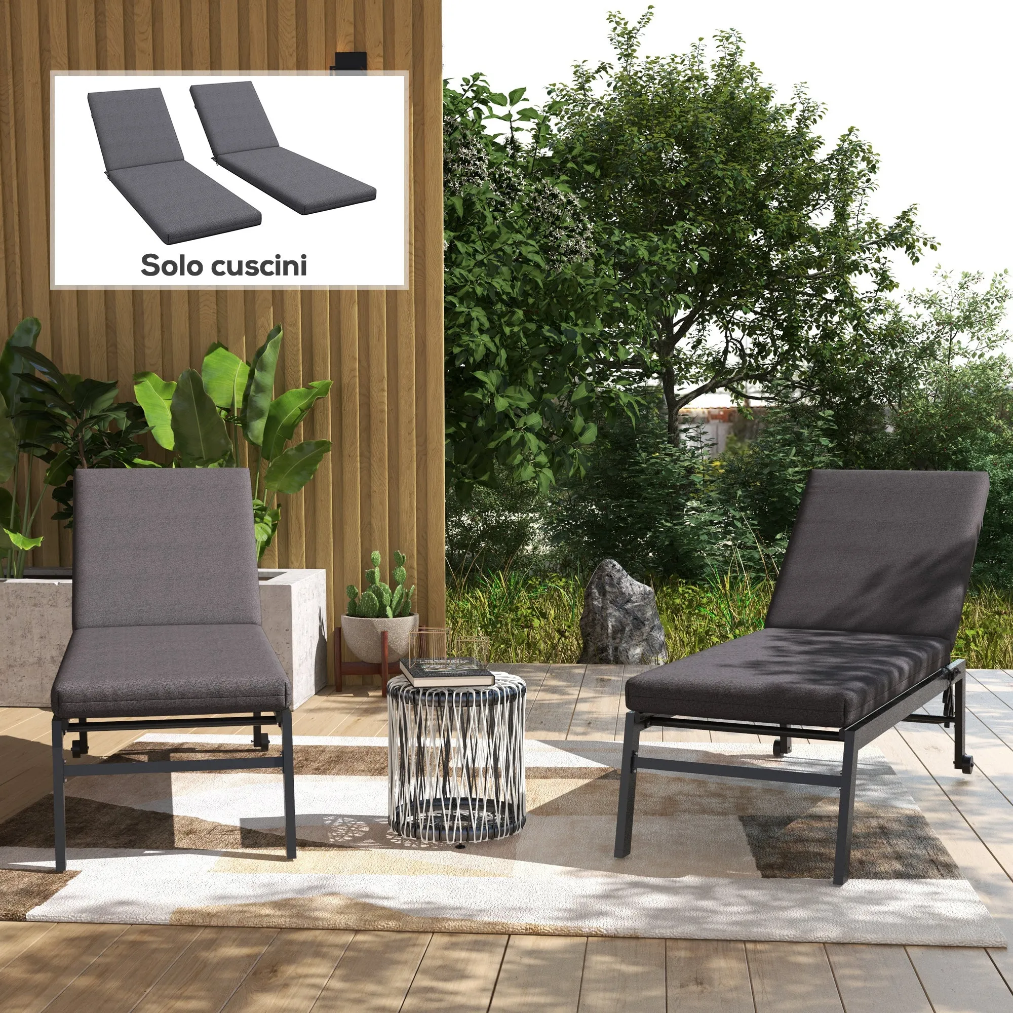 Outsunny Set of 2 Outdoor Chair Cushions with Ties and 2 Pads, in Polyester and Cotton, 190.5 x 58.4 x 7 cm, Grey - Image 2